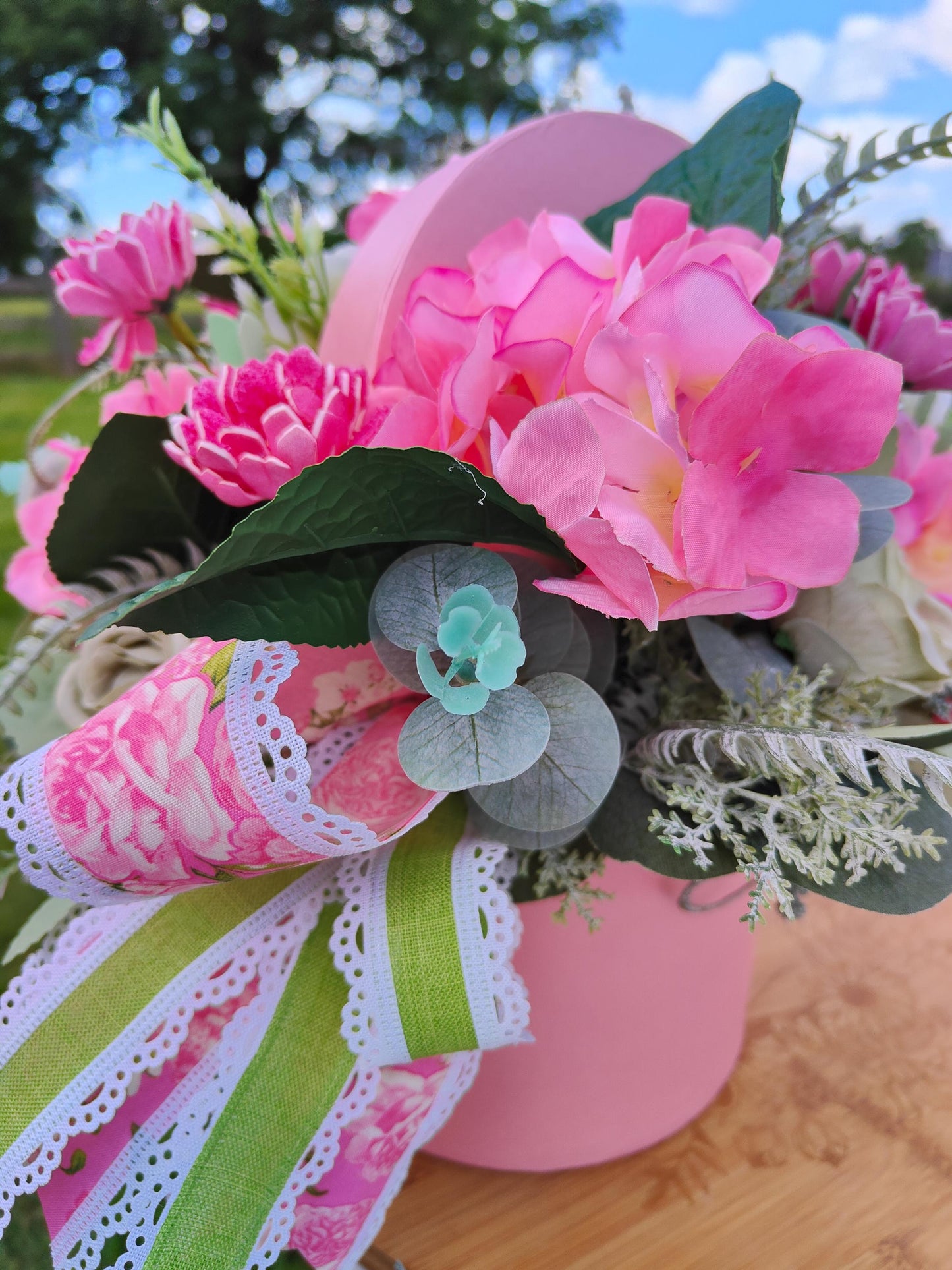 Pink Hydrangea & Rose Arrangement, Hat Box Centrepiece