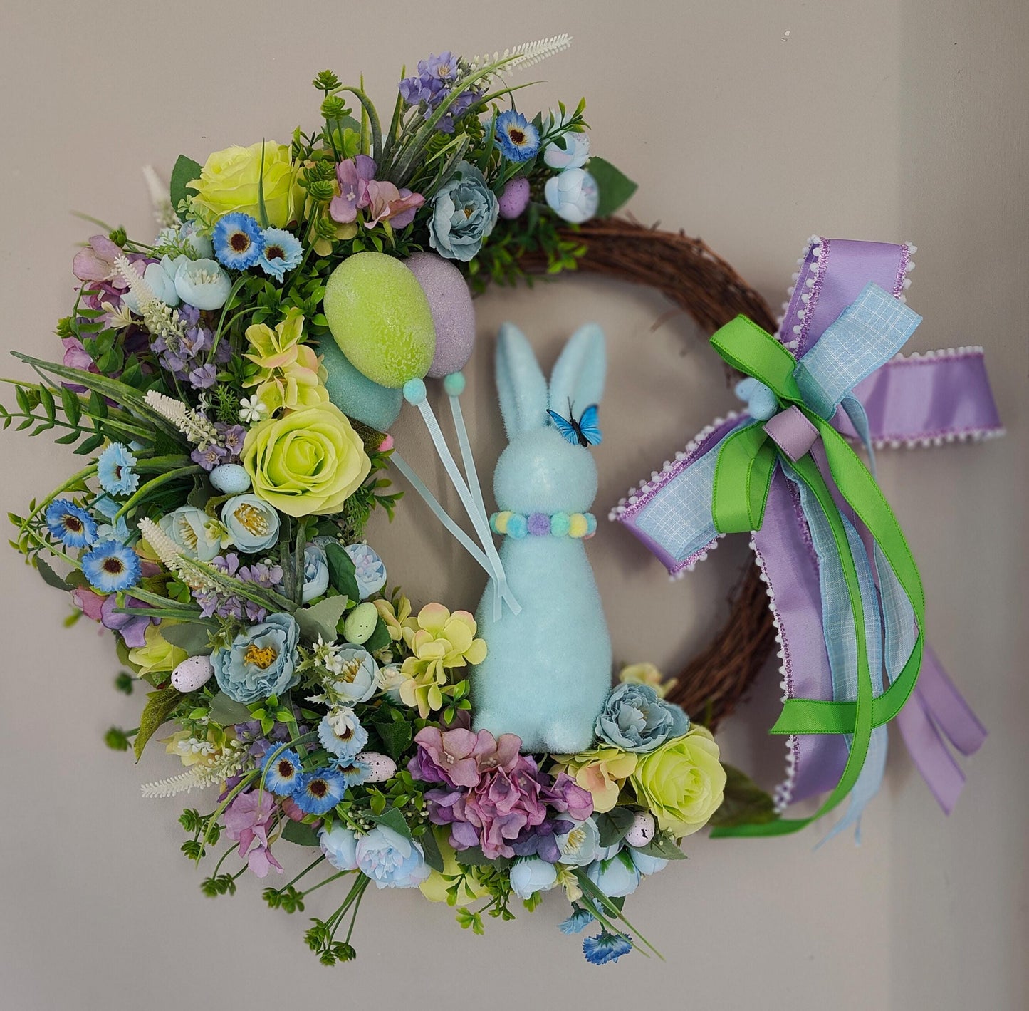 Easter wreath bunny flocked rabbit Easter eggs pastel blue lavender green large