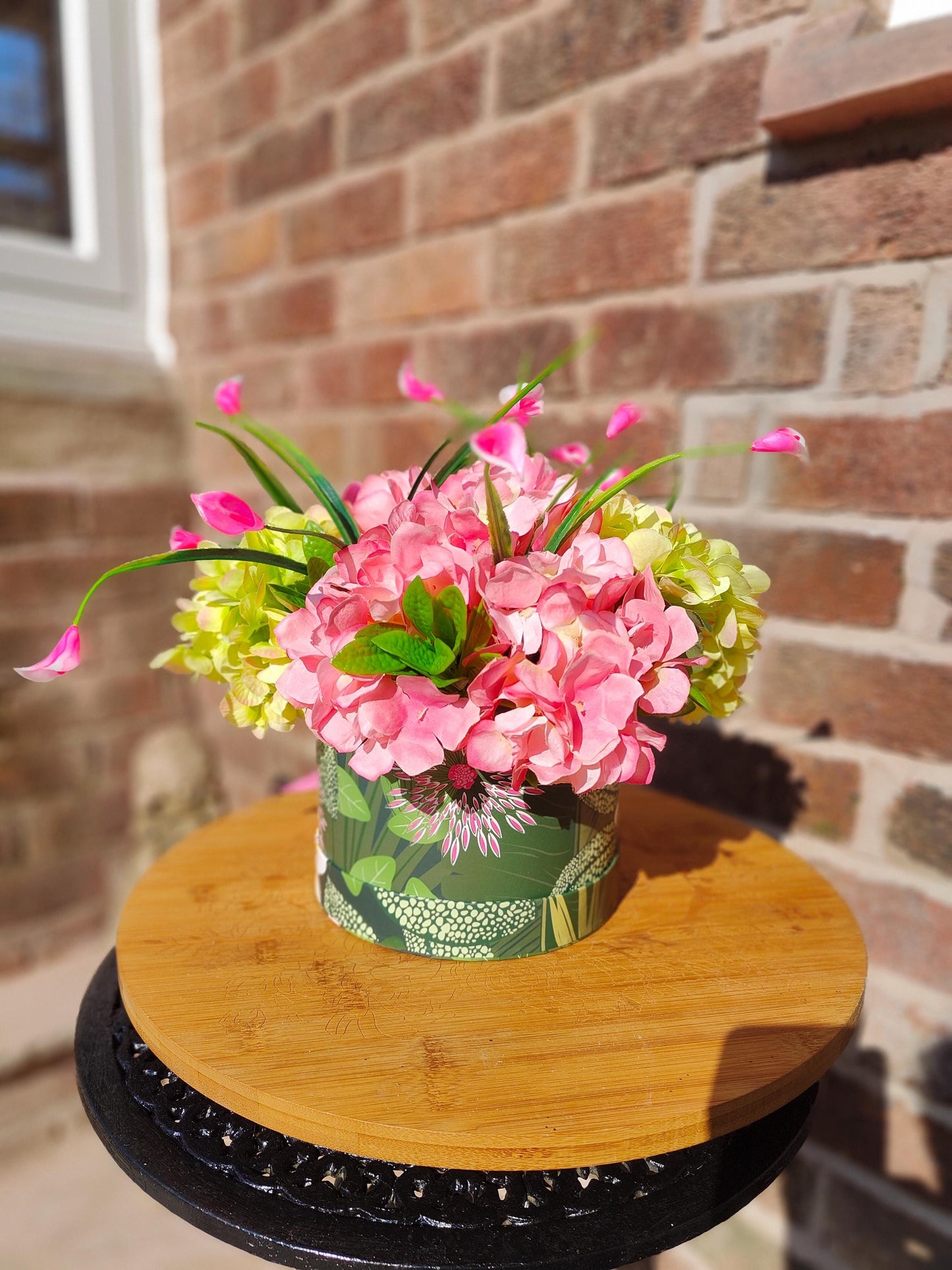 Floral Hat Box: Pink Hydrangeas, Greenery, Home Decor