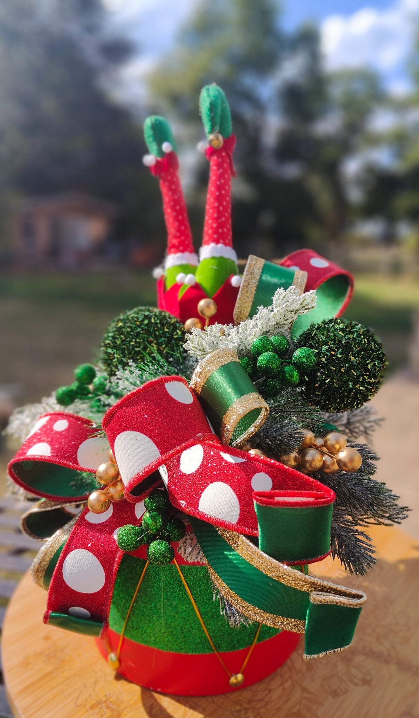 Christmas traditional drum centrepiece tablecentre cheeky whimsical elf green red gold