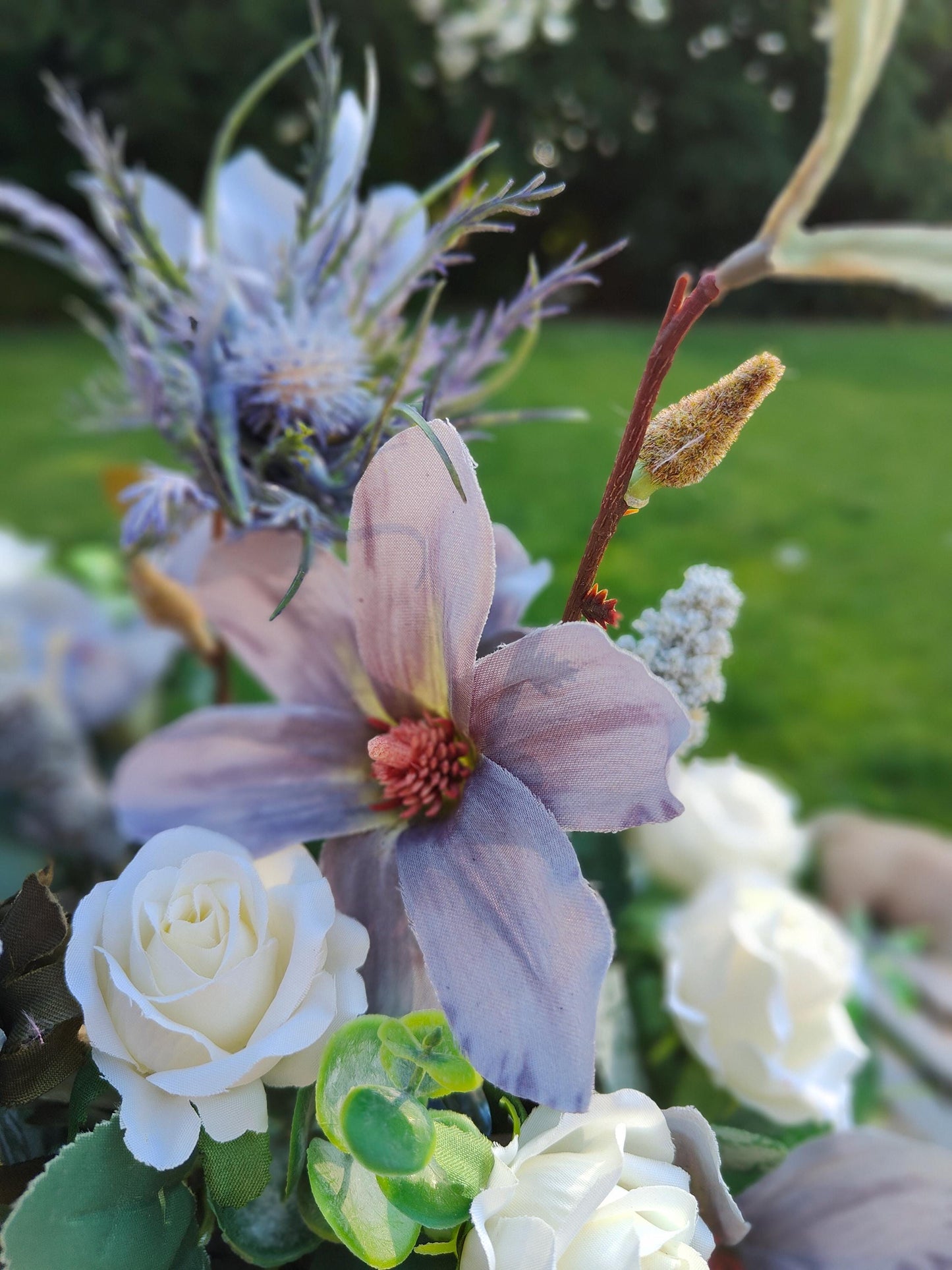 Flower arrangement Grey white pastel blue flower candlestick home decor centrepiece tablecentre