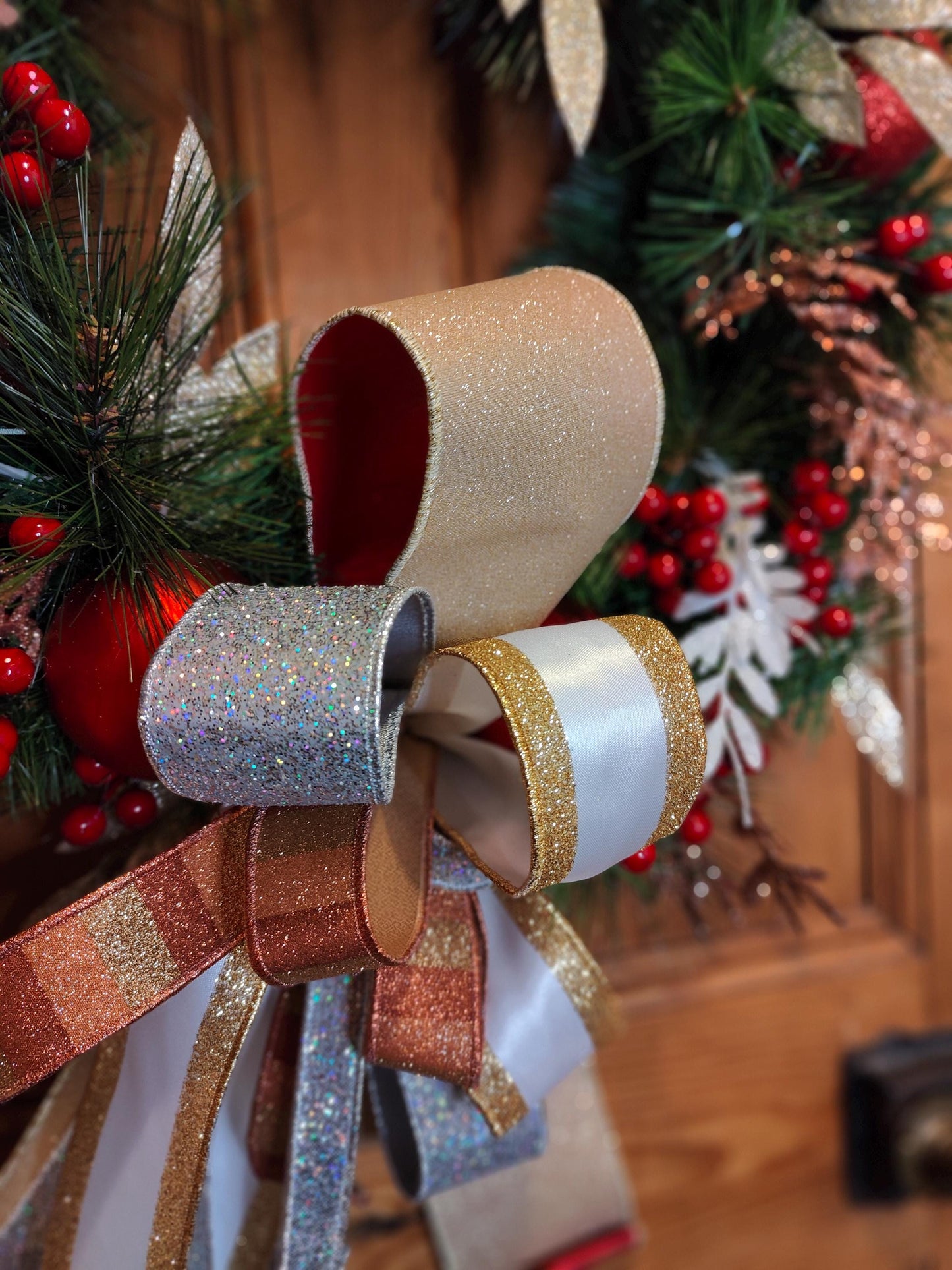 Christmas wreath large copper gold silver white red evergreen faux artificial 64cm