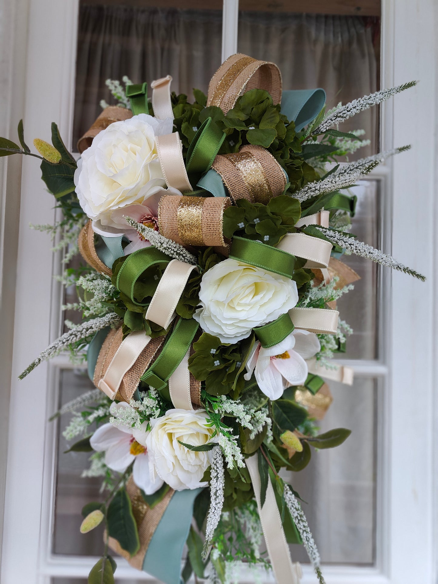 Natural wreath neutral colours swag magnolia peonies Farrisilk ribbons large door decor