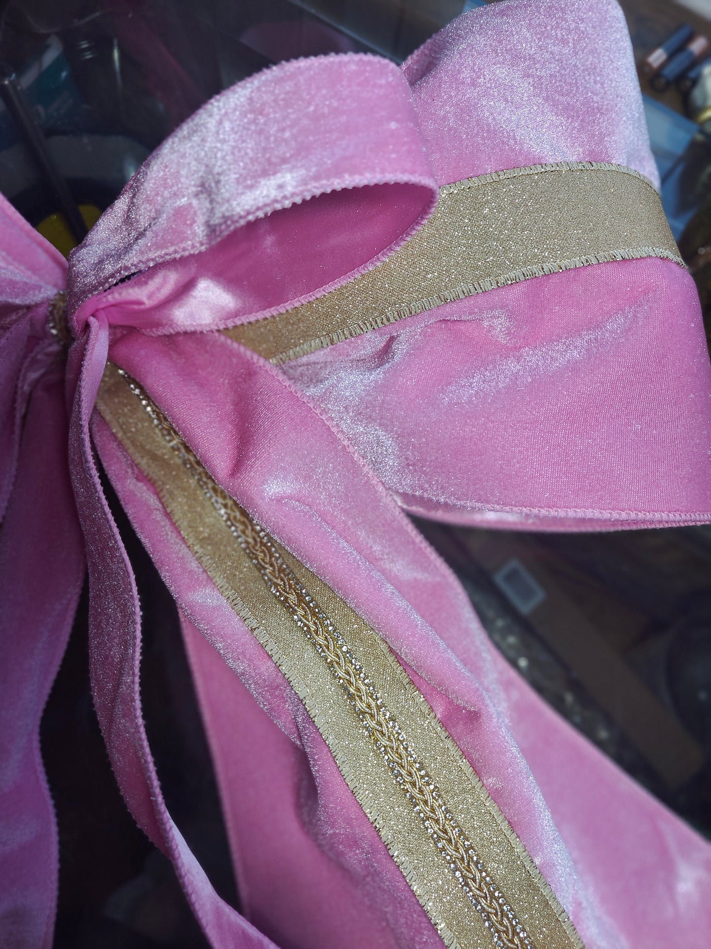 Large bow, Christmas tree topper large pink velvet bow gold and pink decoration