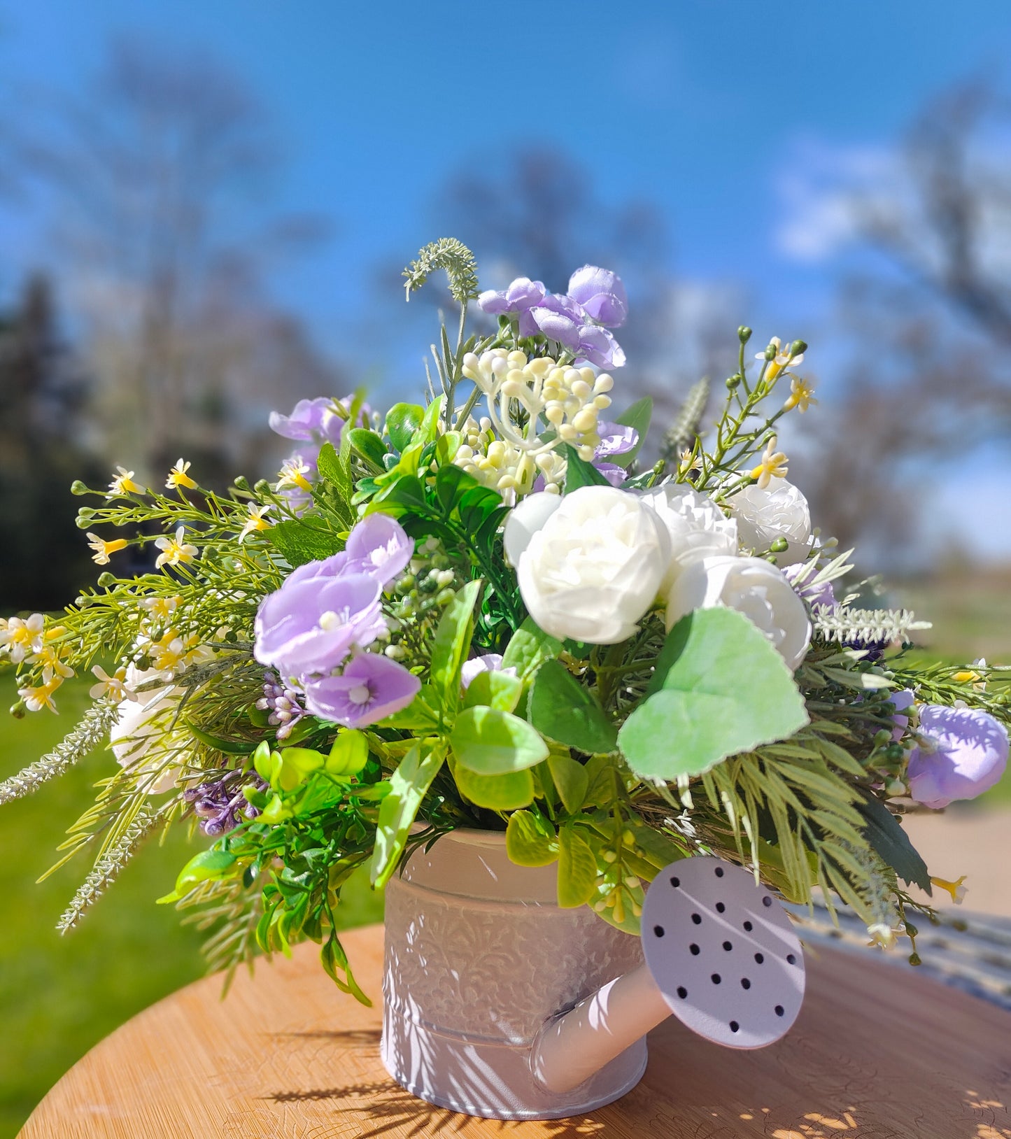 Flower arrangement watering can planter lilac lavender pinks