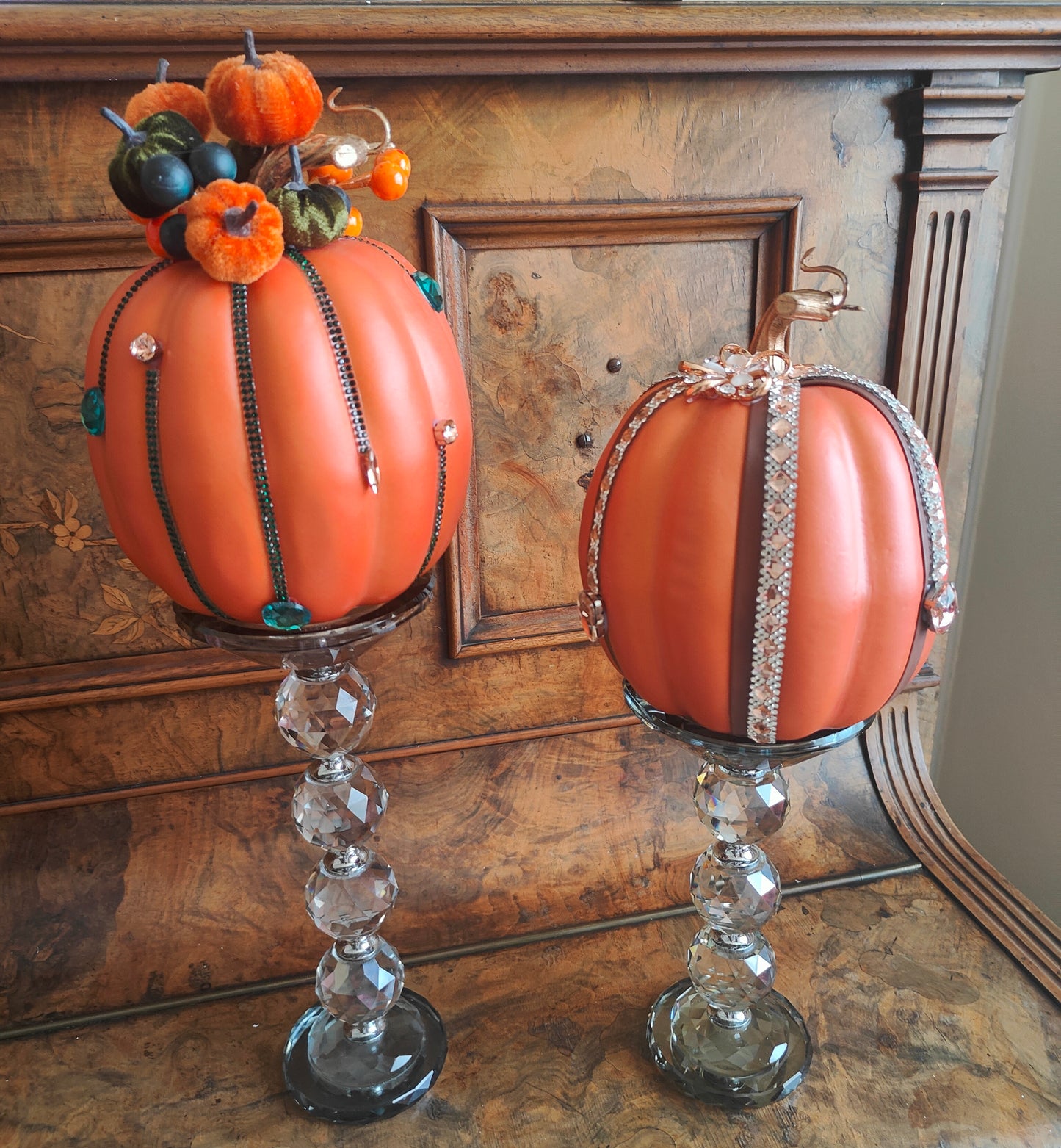 Pumpkins orange bling embellished diamante Autumn decor tablecentre pair