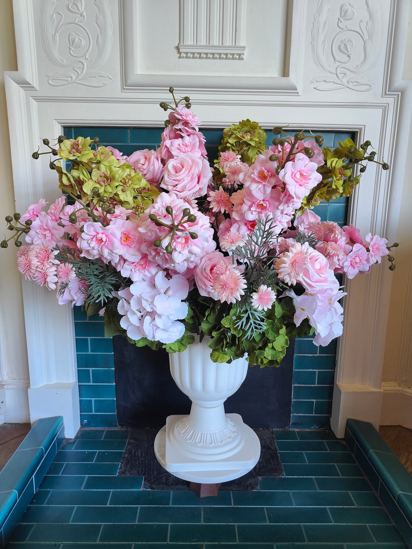 Large flower planter artificial flowers arrangement pink and green outdoor or indoor venue event florals 85cm height