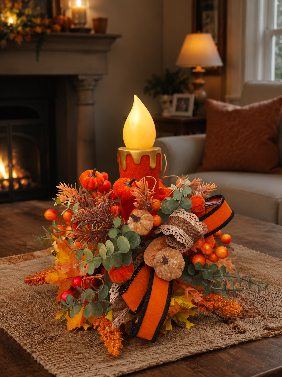 Autumn candle tablecentre arrangement lights up