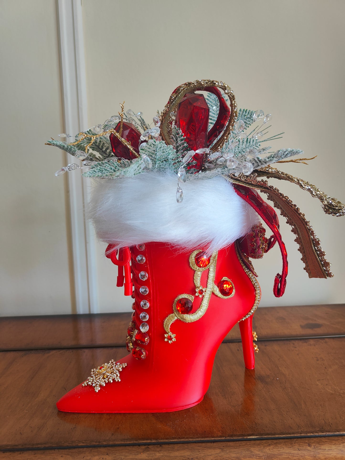Mrs Claus boot high heeled red embellished centrepiece deluxe