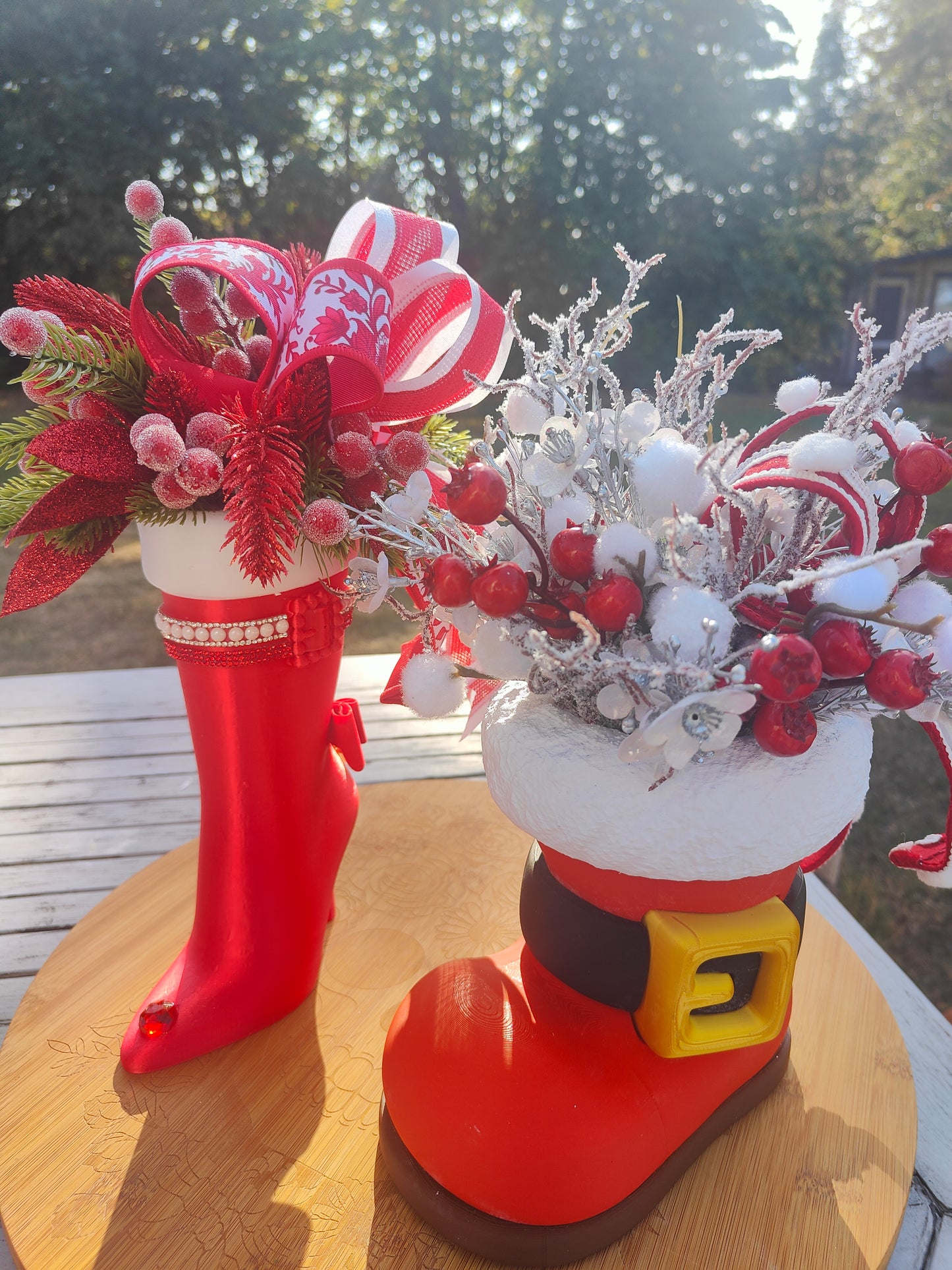 Santa boot centrepiece arrangement Christmas decoration red and white