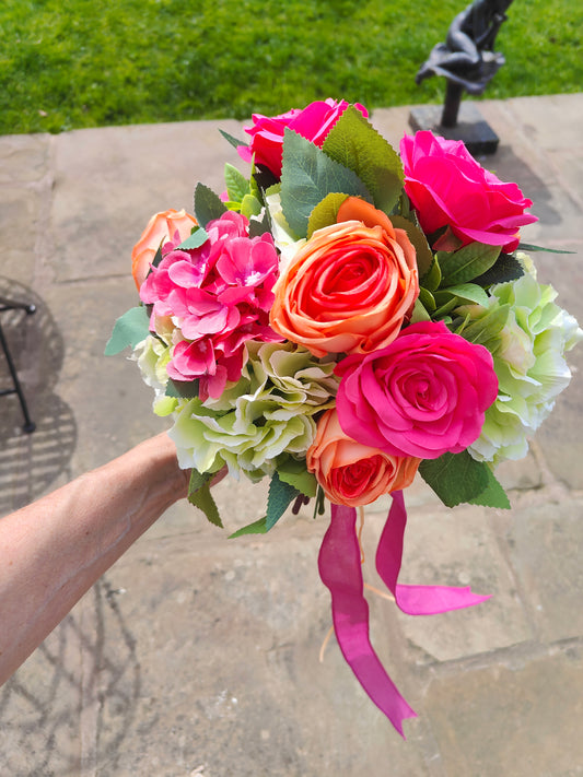 Wedding bride bouquet hand-tied artificial flowers dark pink cerise, orange, pale light green