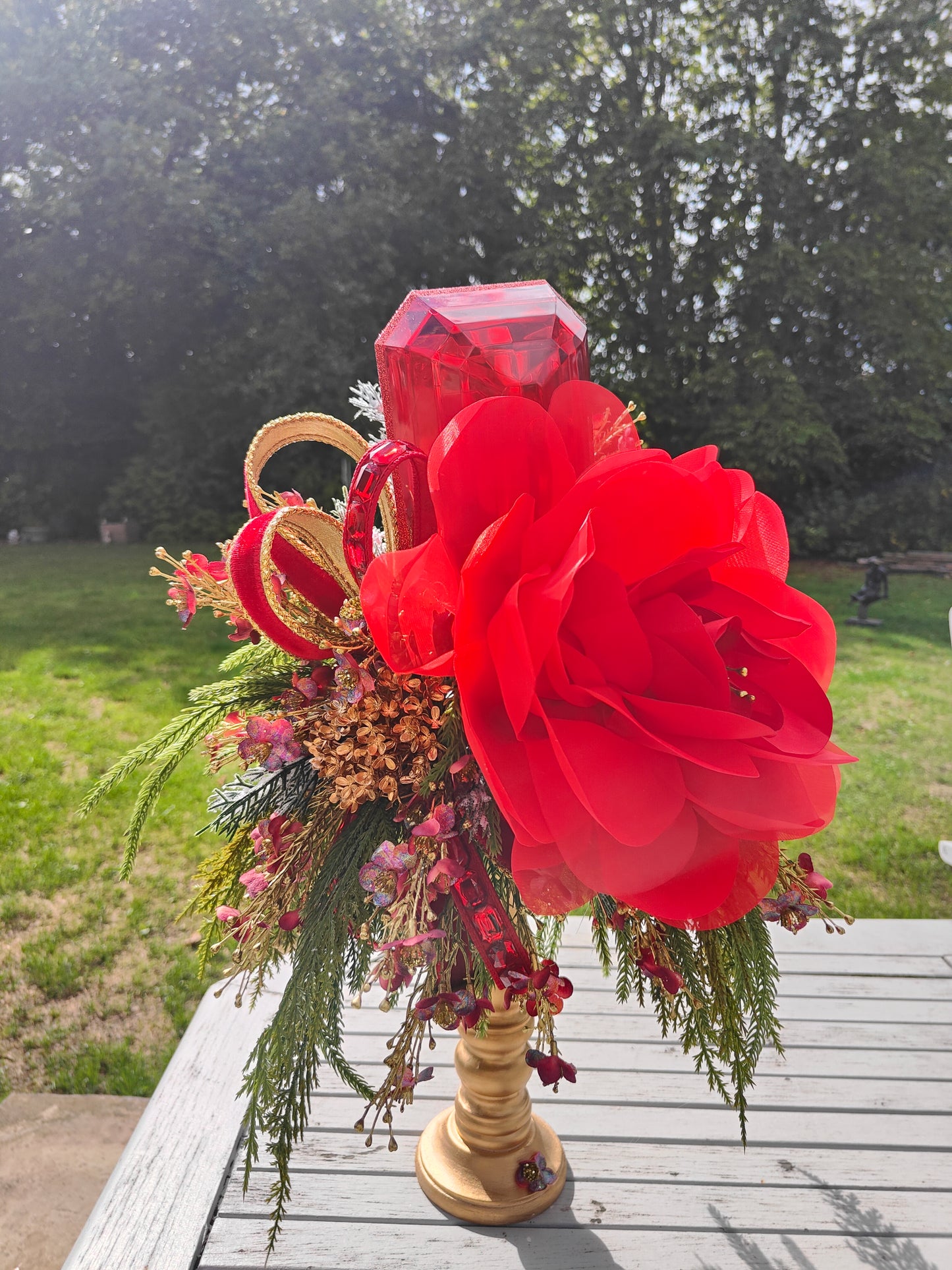 Large red Christmas candlestick gem centrepiece