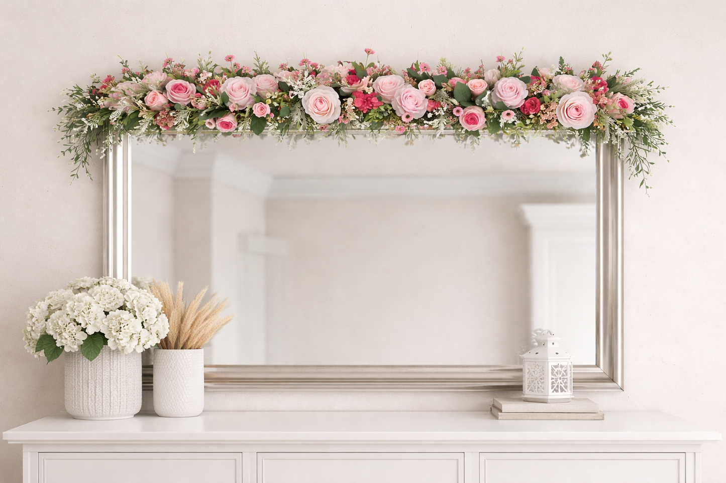 Garland pink artificial flowers door wedding flowers kitchen mantelpiece fireplace surround