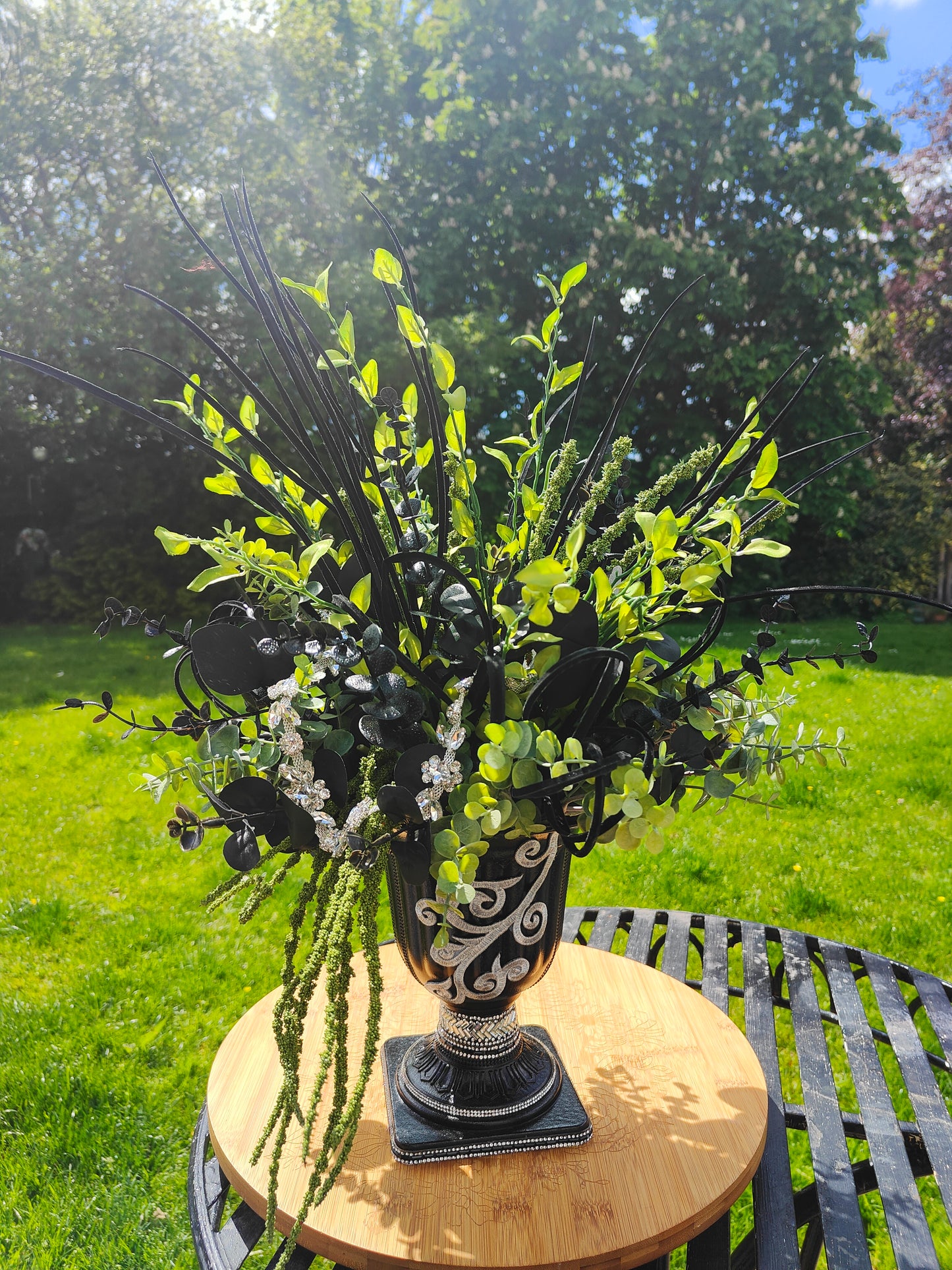 Black, green, diamante flower arrangement bling centrepiece tablecentre Halloween