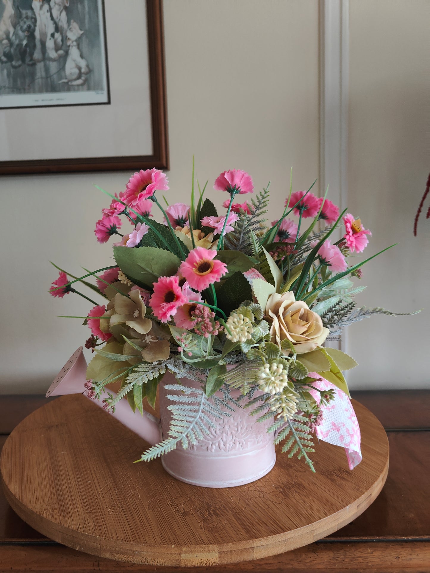 Flower arrangement watering can planter lilac lavender pinks