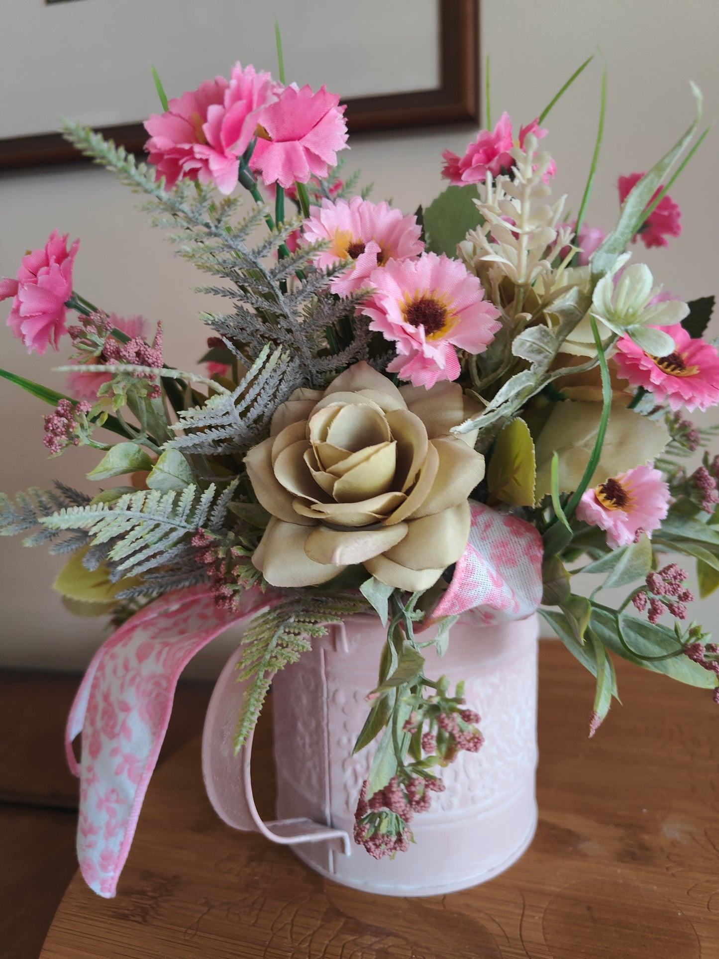 Flower arrangement watering can planter lilac lavender pinks