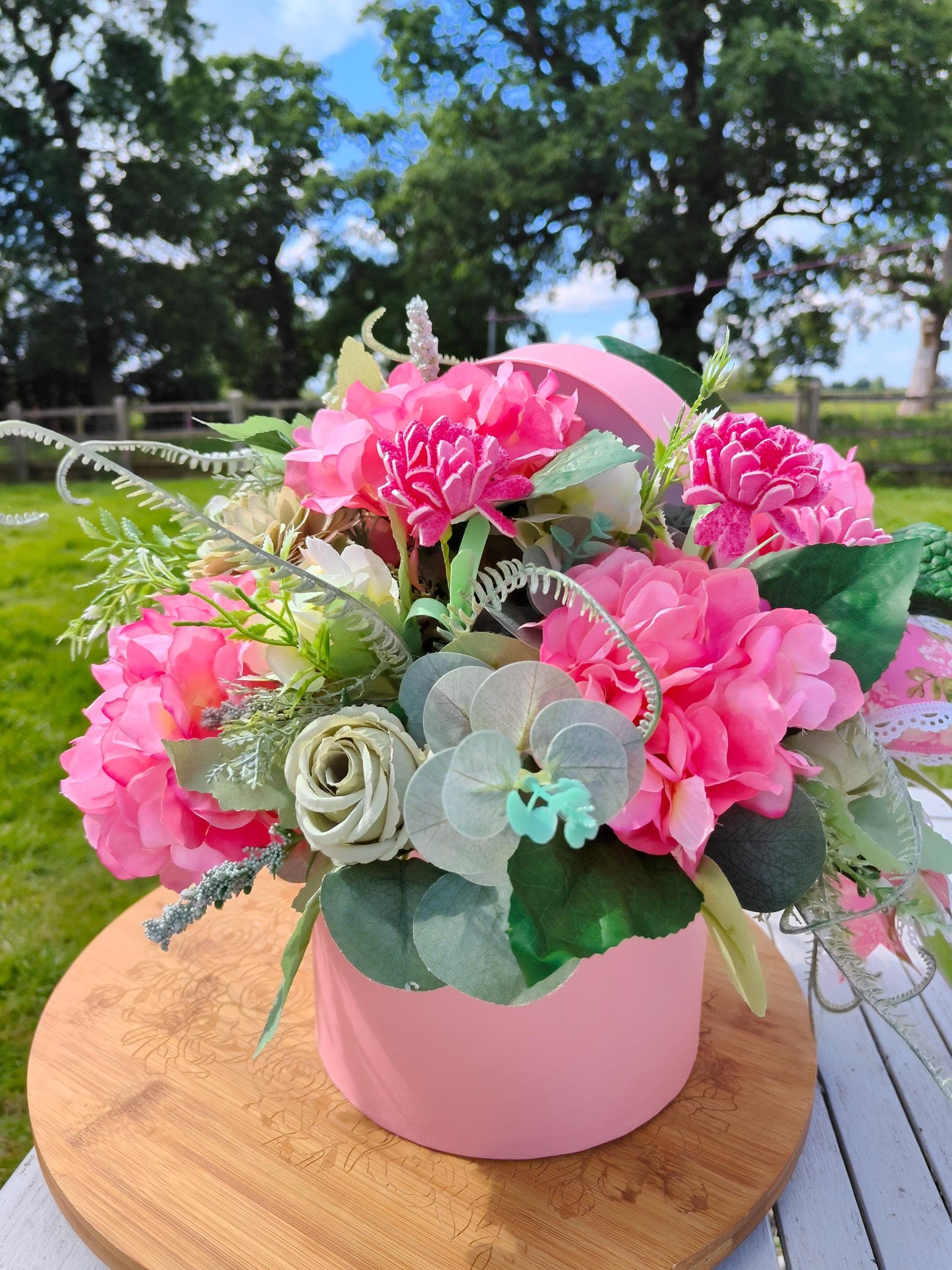 Pink Hydrangea & Rose Arrangement, Hat Box Centrepiece