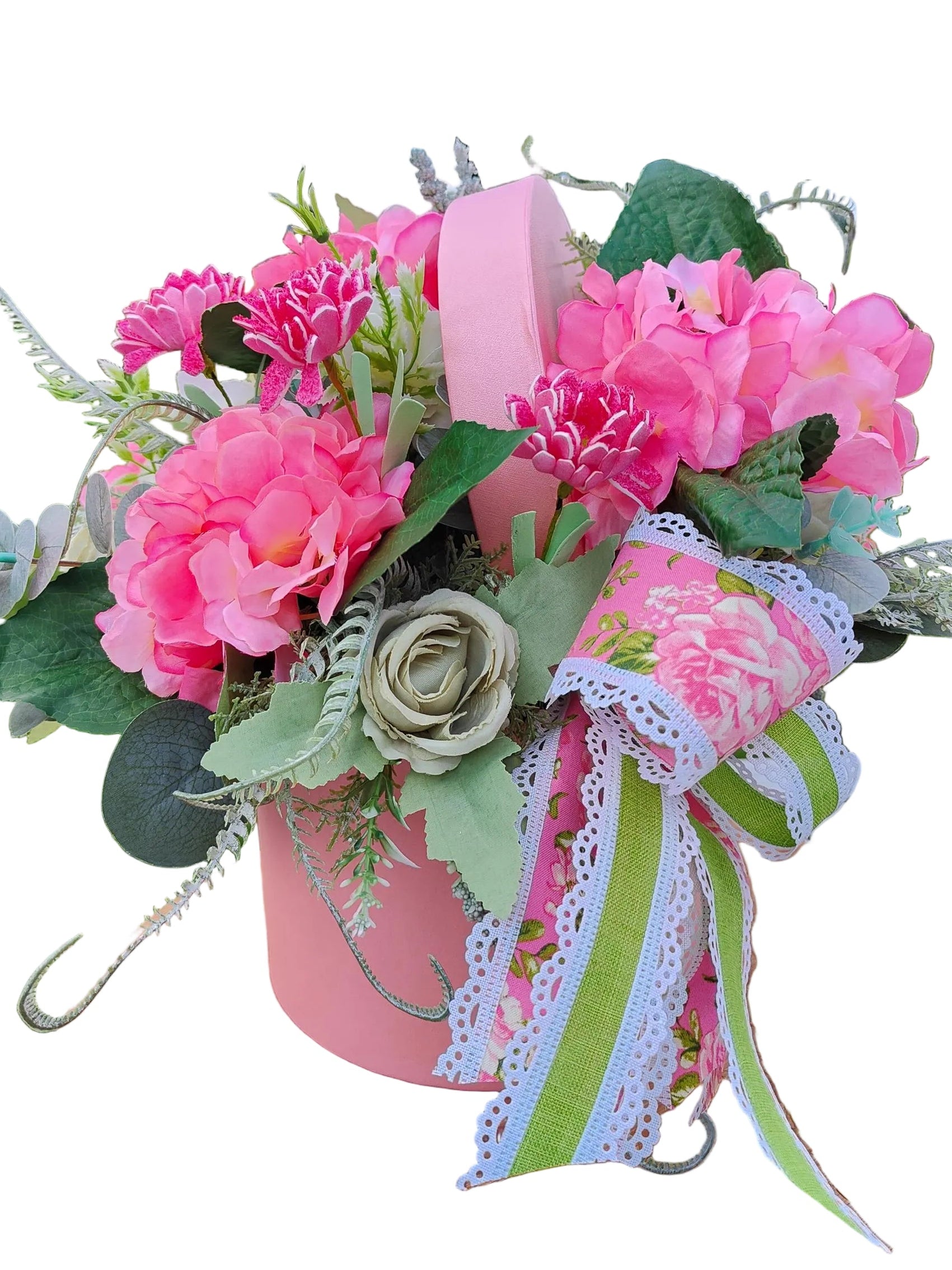 Pink Hydrangea & Rose Arrangement, Hat Box Centrepiece