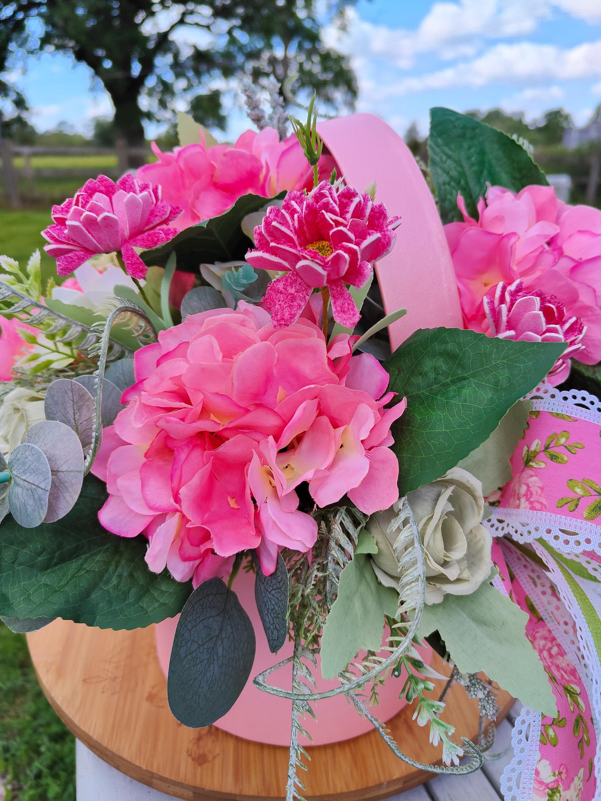 Pink Hydrangea & Rose Arrangement, Hat Box Centrepiece