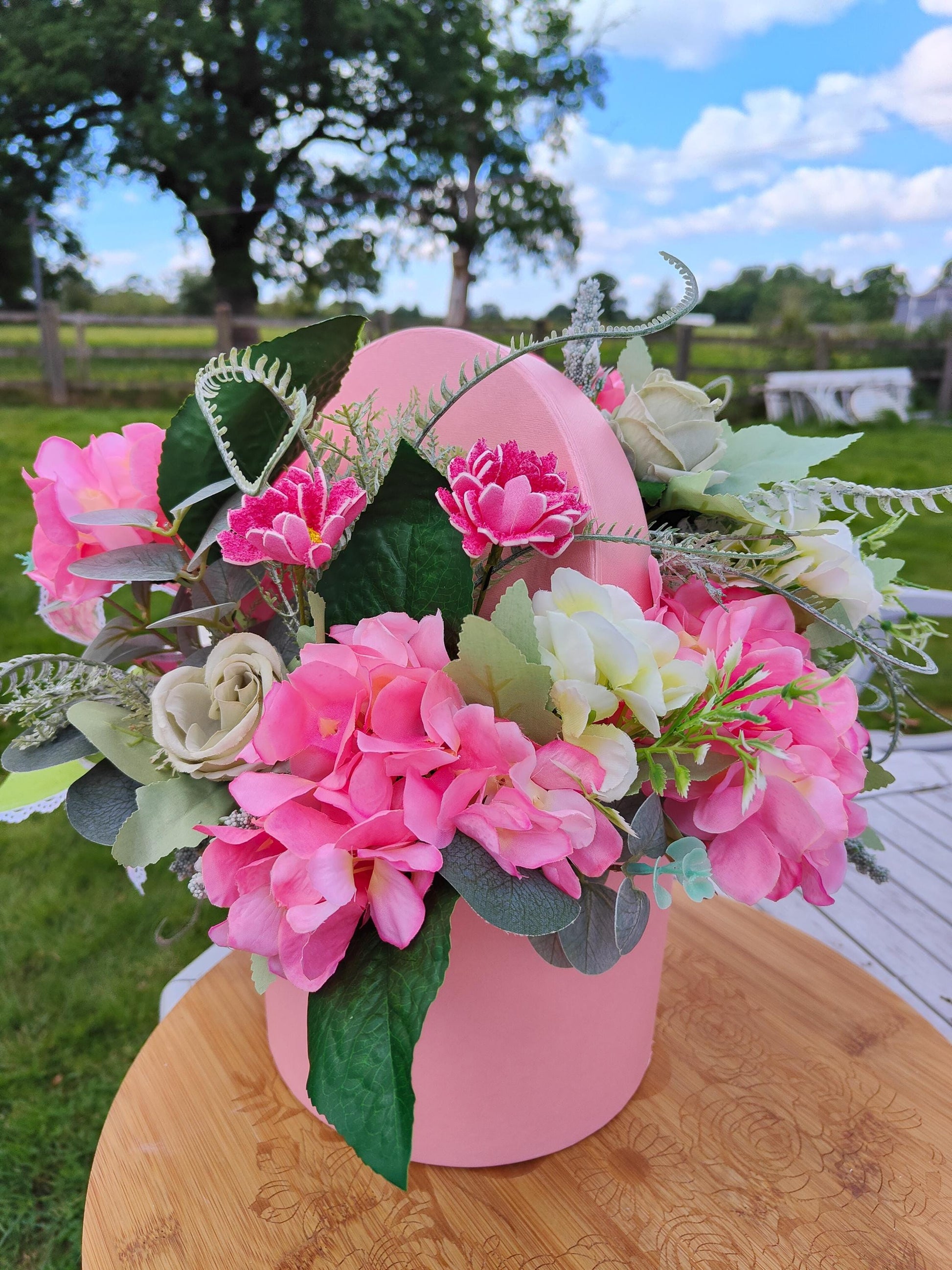 Pink Hydrangea & Rose Arrangement, Hat Box Centrepiece