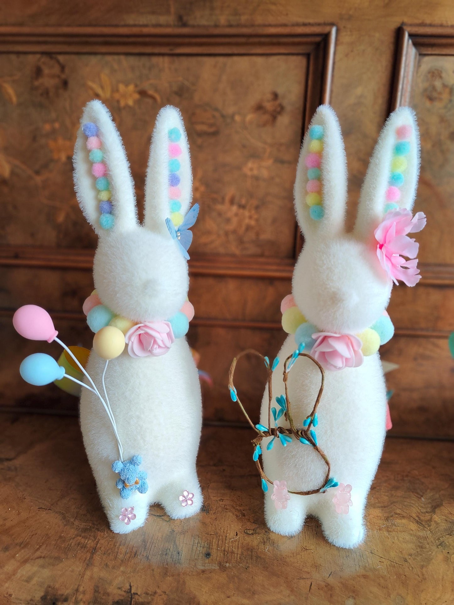 Easter bunny flocked Easter decoration green pink lavender cream