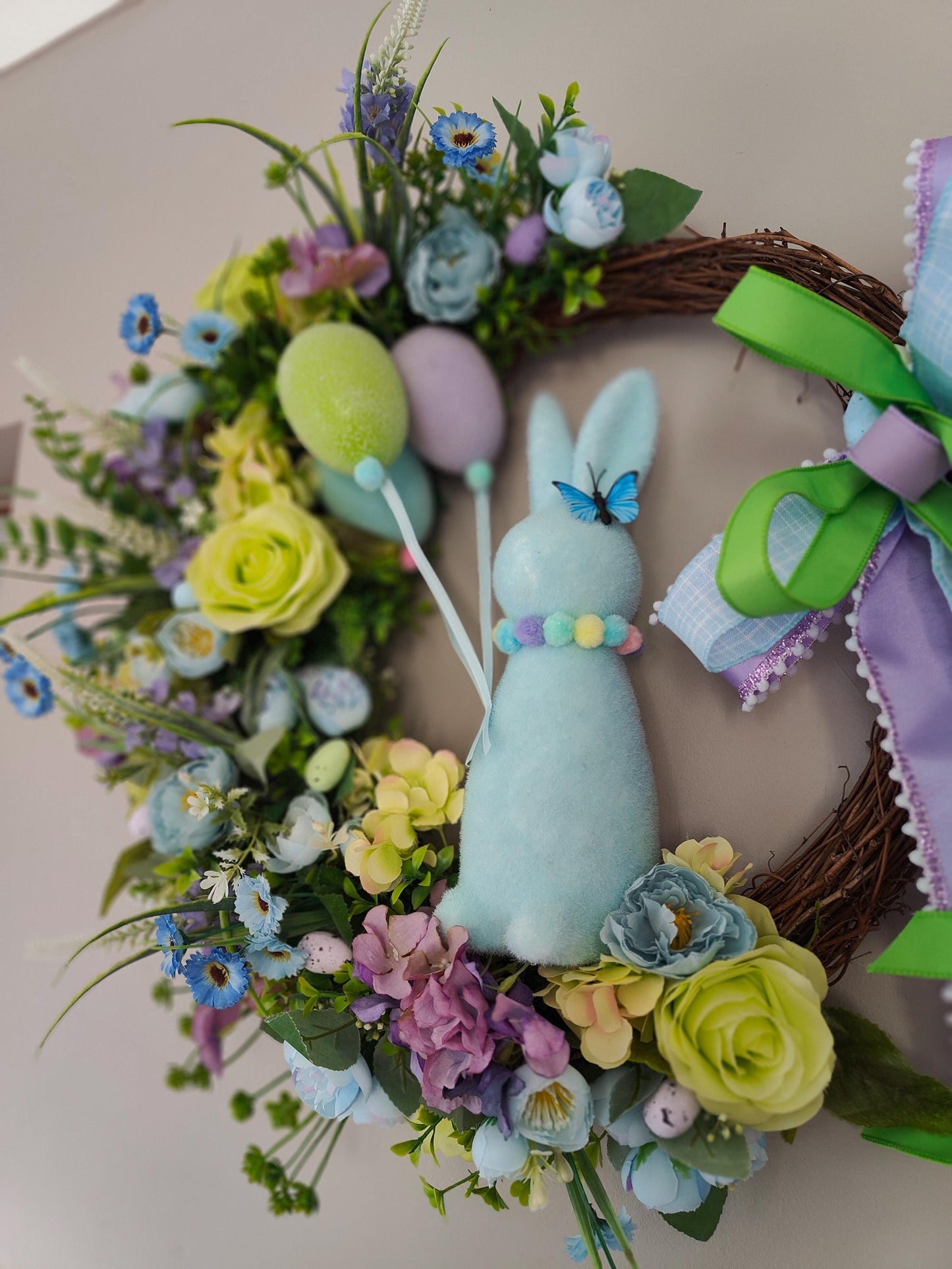 Easter wreath bunny flocked rabbit Easter eggs pastel blue lavender green large