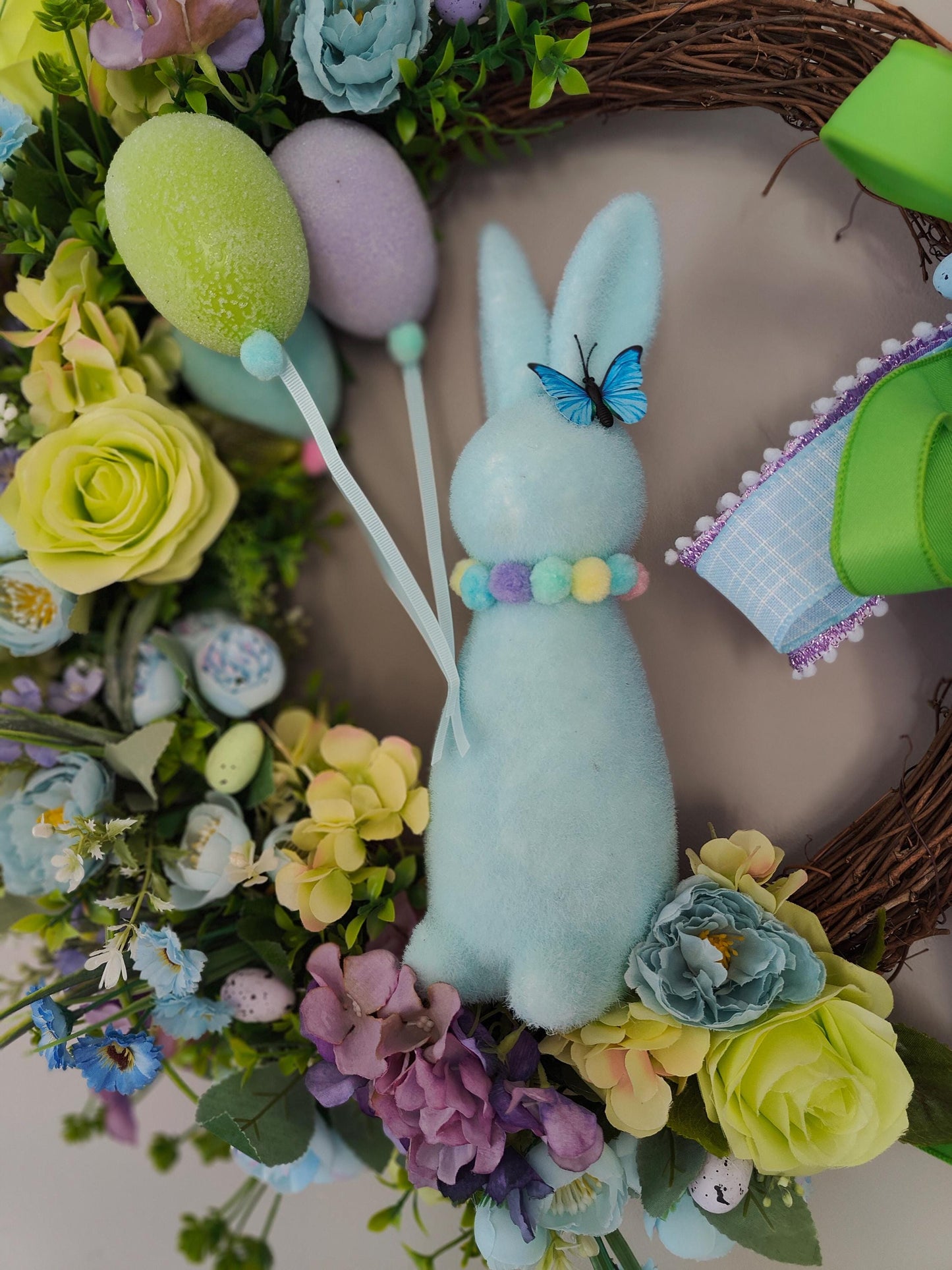 Easter wreath bunny flocked rabbit Easter eggs pastel blue lavender green large