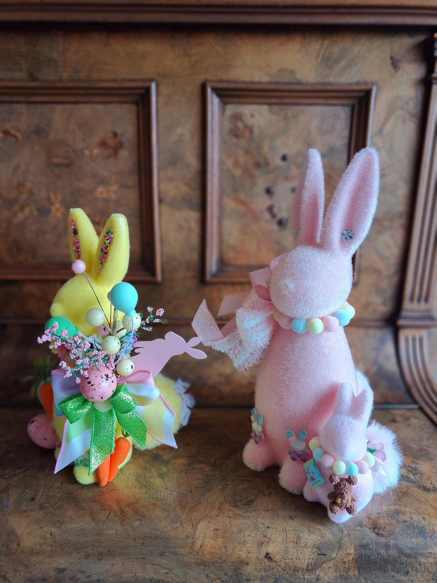 Easter bunny flocked Easter decoration green pink lavender cream