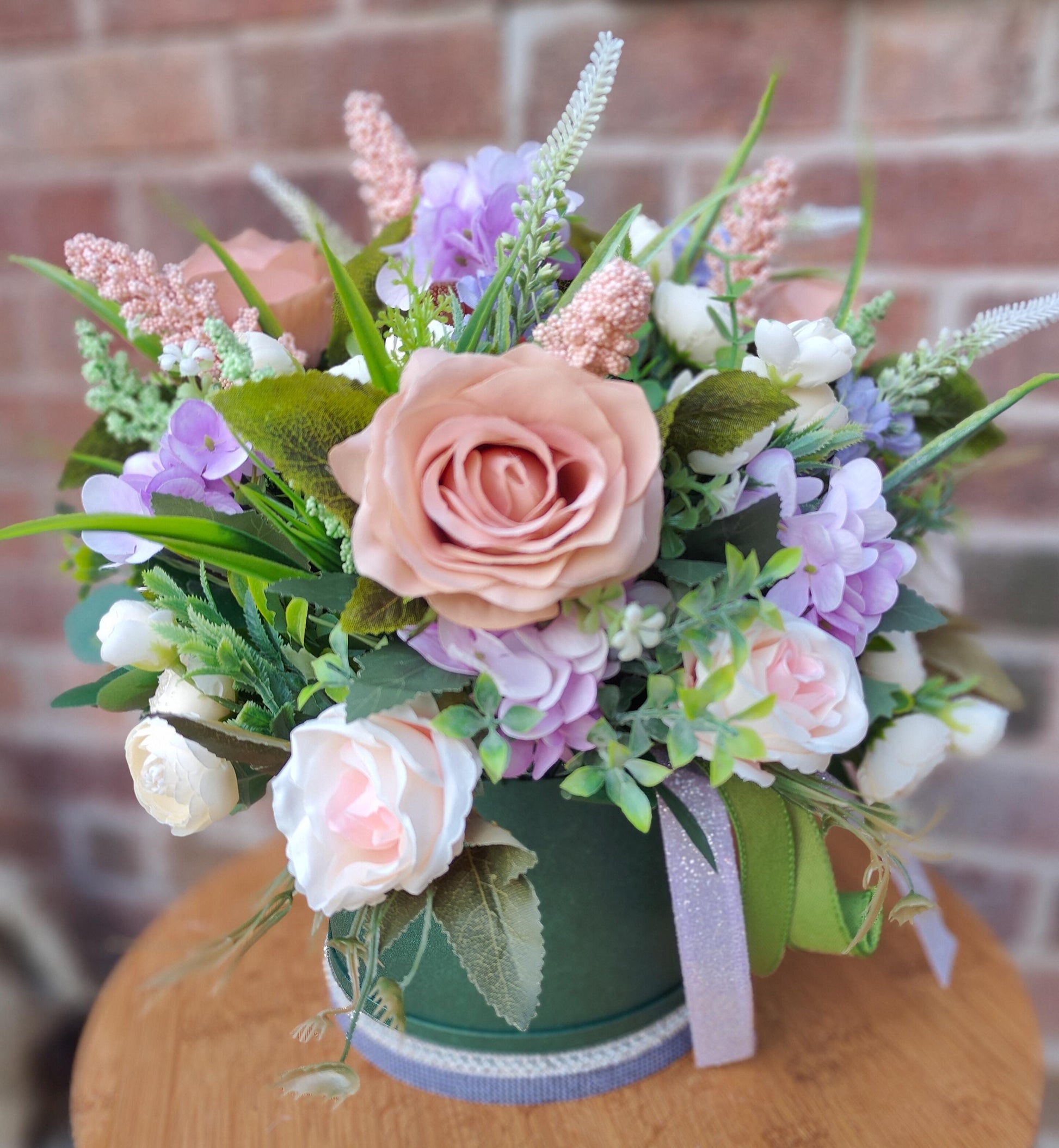 Bridgerton Flower Arrangement, Vintage Pink Roses in Dark Green Hat Box Mothers Day, Gift, Present