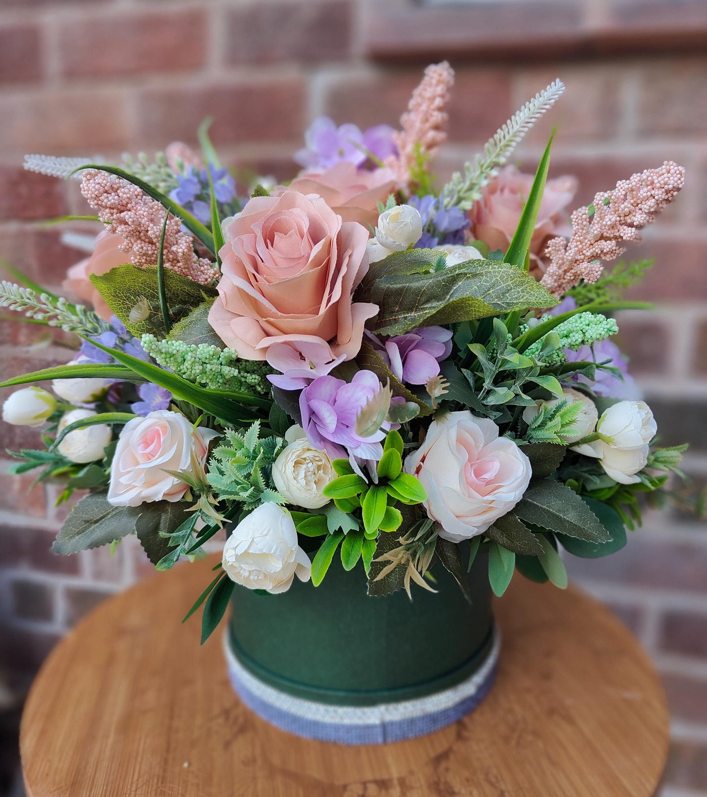 Bridgerton Flower Arrangement, Vintage Pink Roses in Dark Green Hat Box Mothers Day, Gift, Present