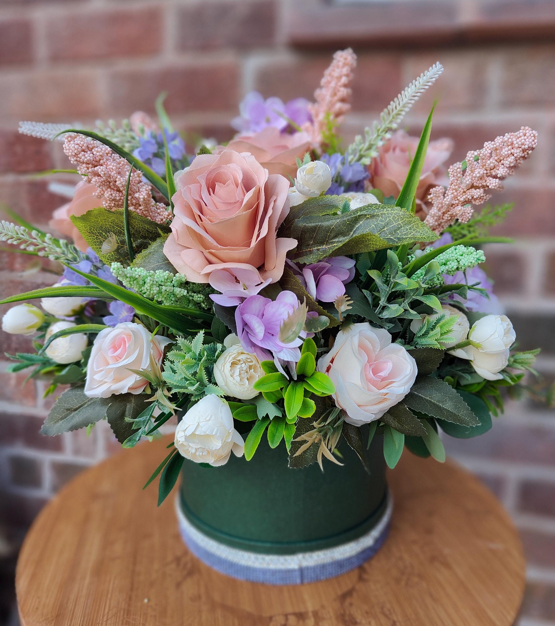 Bridgerton Flower Arrangement, Vintage Pink Roses in Dark Green Hat Box Mothers Day, Gift, Present