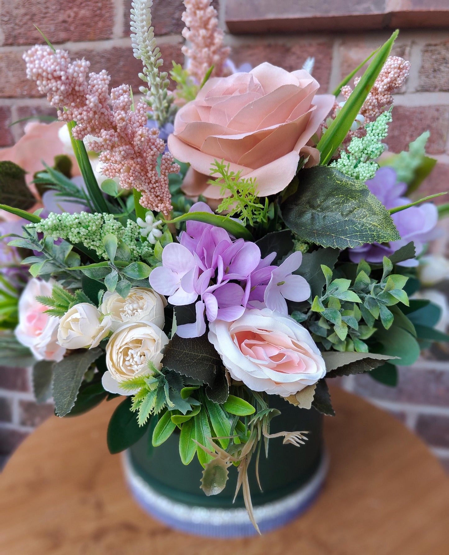 Bridgerton Flower Arrangement, Vintage Pink Roses in Dark Green Hat Box Mothers Day, Gift, Present