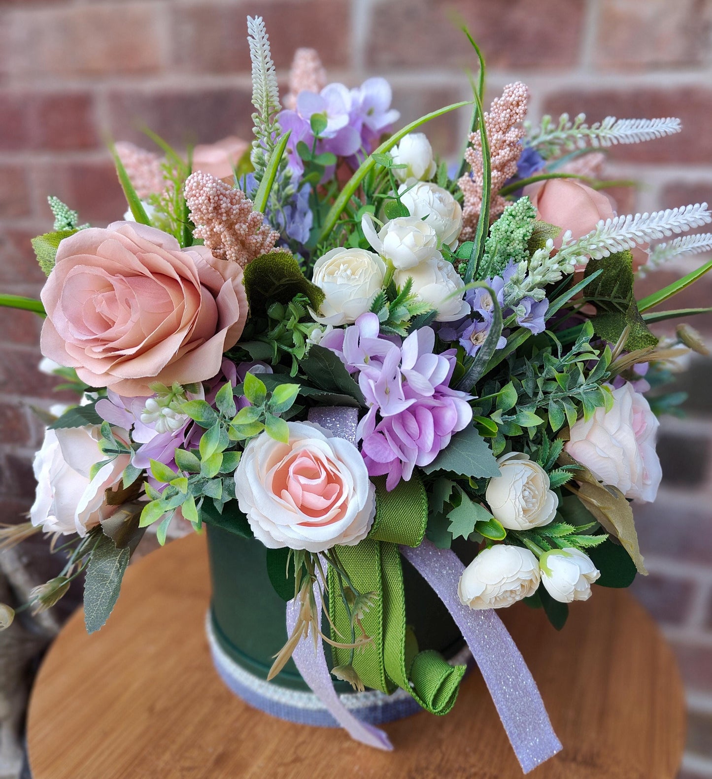 Bridgerton Flower Arrangement, Vintage Pink Roses in Dark Green Hat Box Mothers Day, Gift, Present