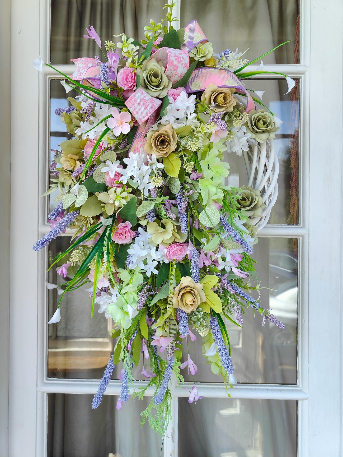 Wreath Spring Summer pinks greens lavender white all year round door wreath wall hanger