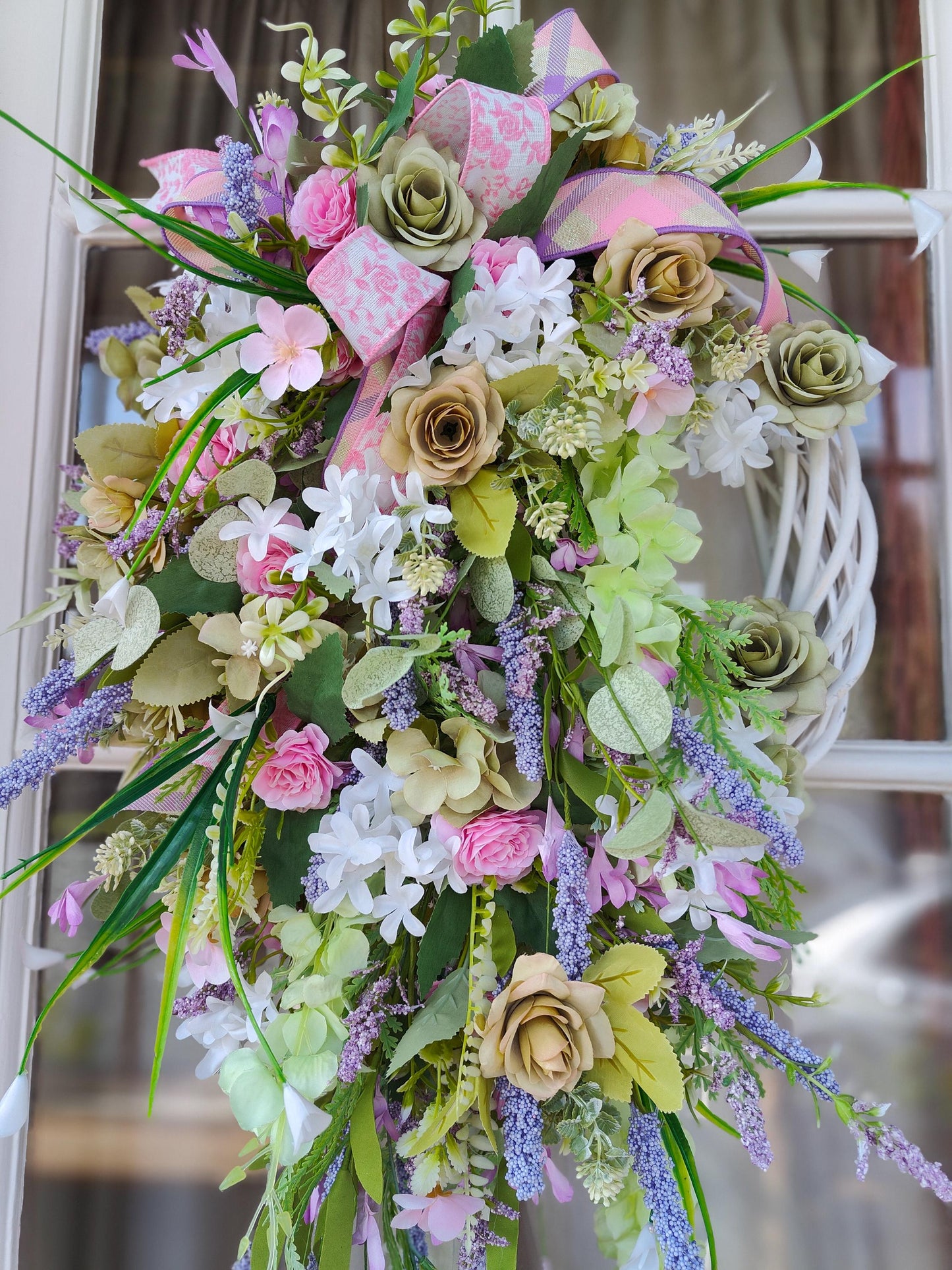 Wreath Spring Summer pinks greens lavender white all year round door wreath wall hanger