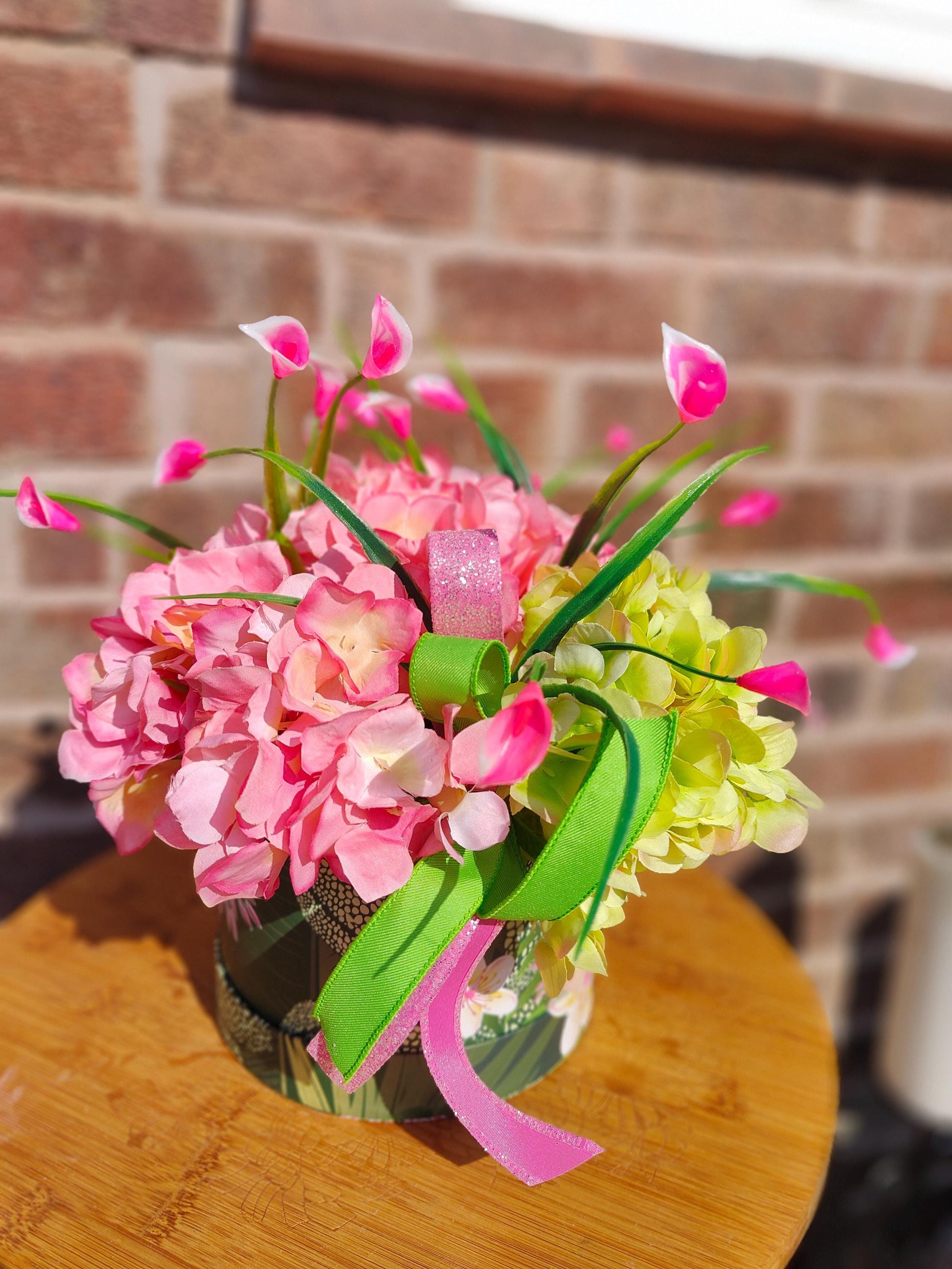 Floral Hat Box: Pink Hydrangeas, Greenery, Home Decor