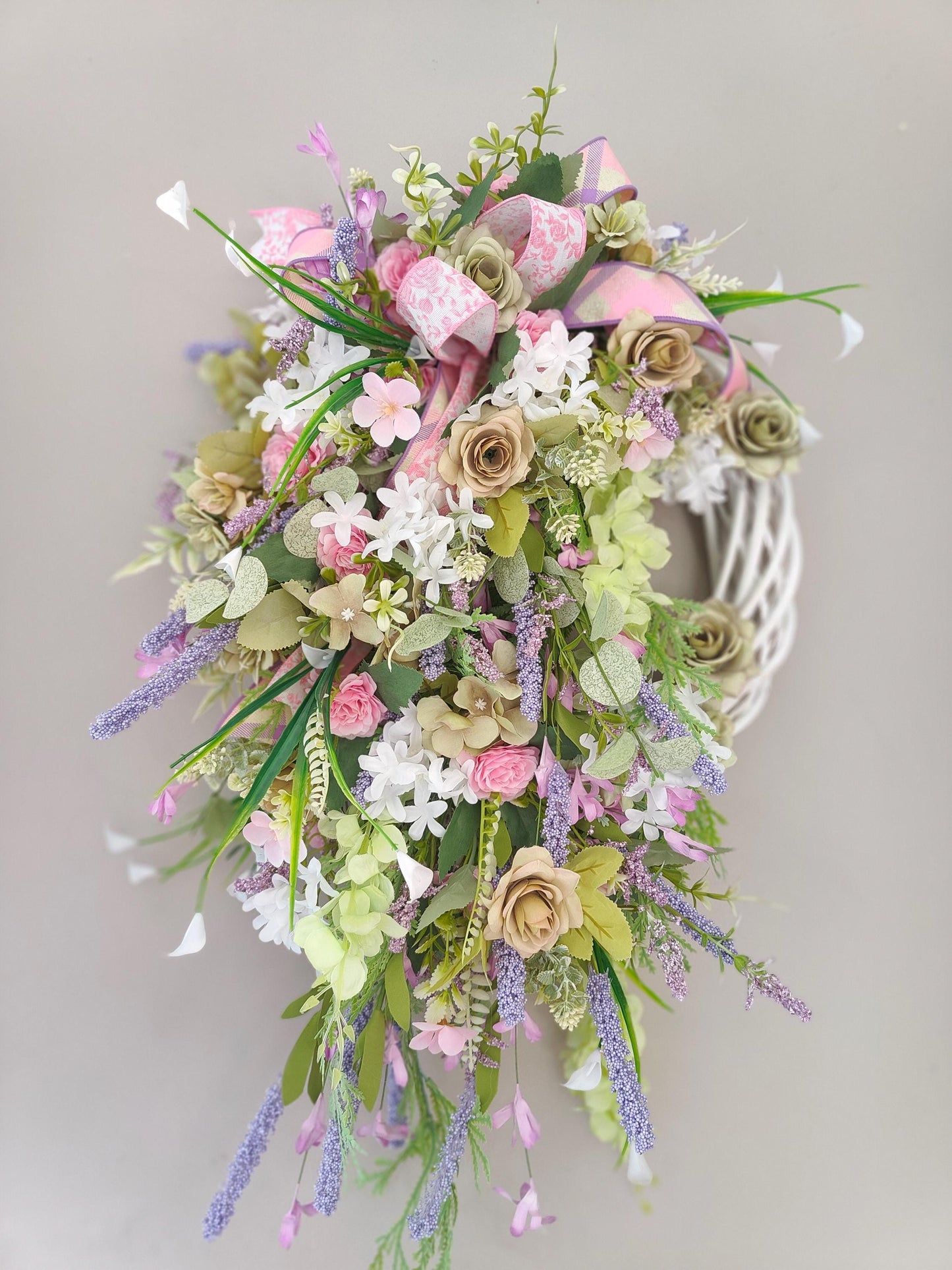 Wreath Spring Summer pinks greens lavender white all year round door wreath wall hanger