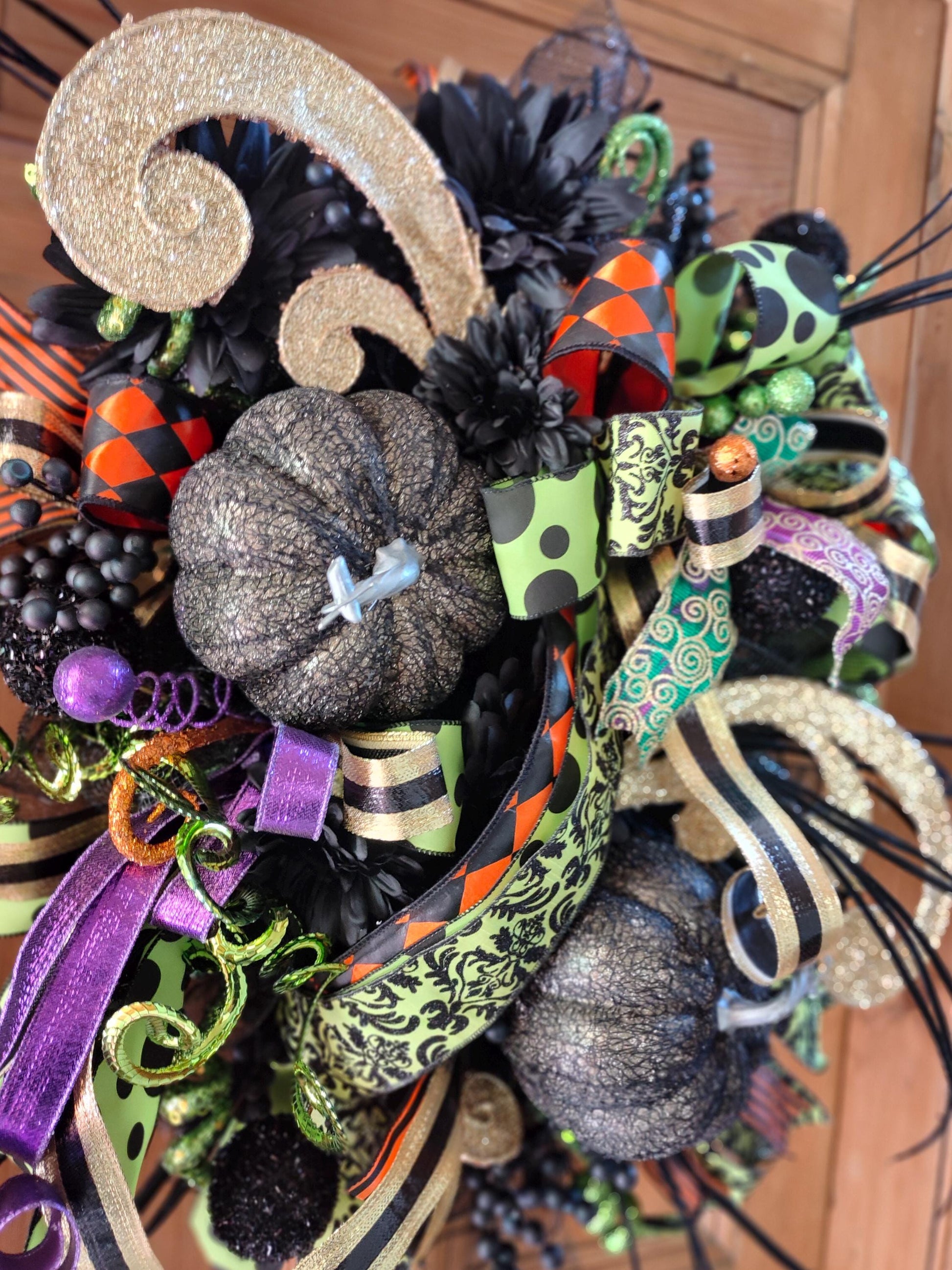 Halloween Wreath black large deluxe Baroque Glam Pumpkins, Black & Gold Door Decor