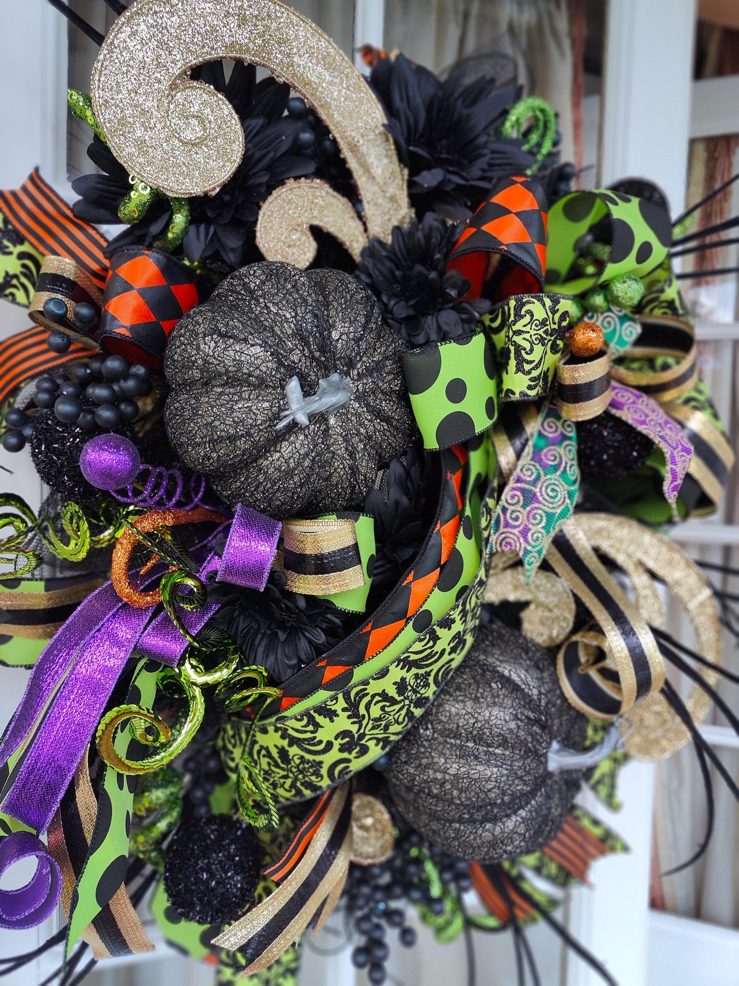 Halloween Wreath black large deluxe Baroque Glam Pumpkins, Black & Gold Door Decor