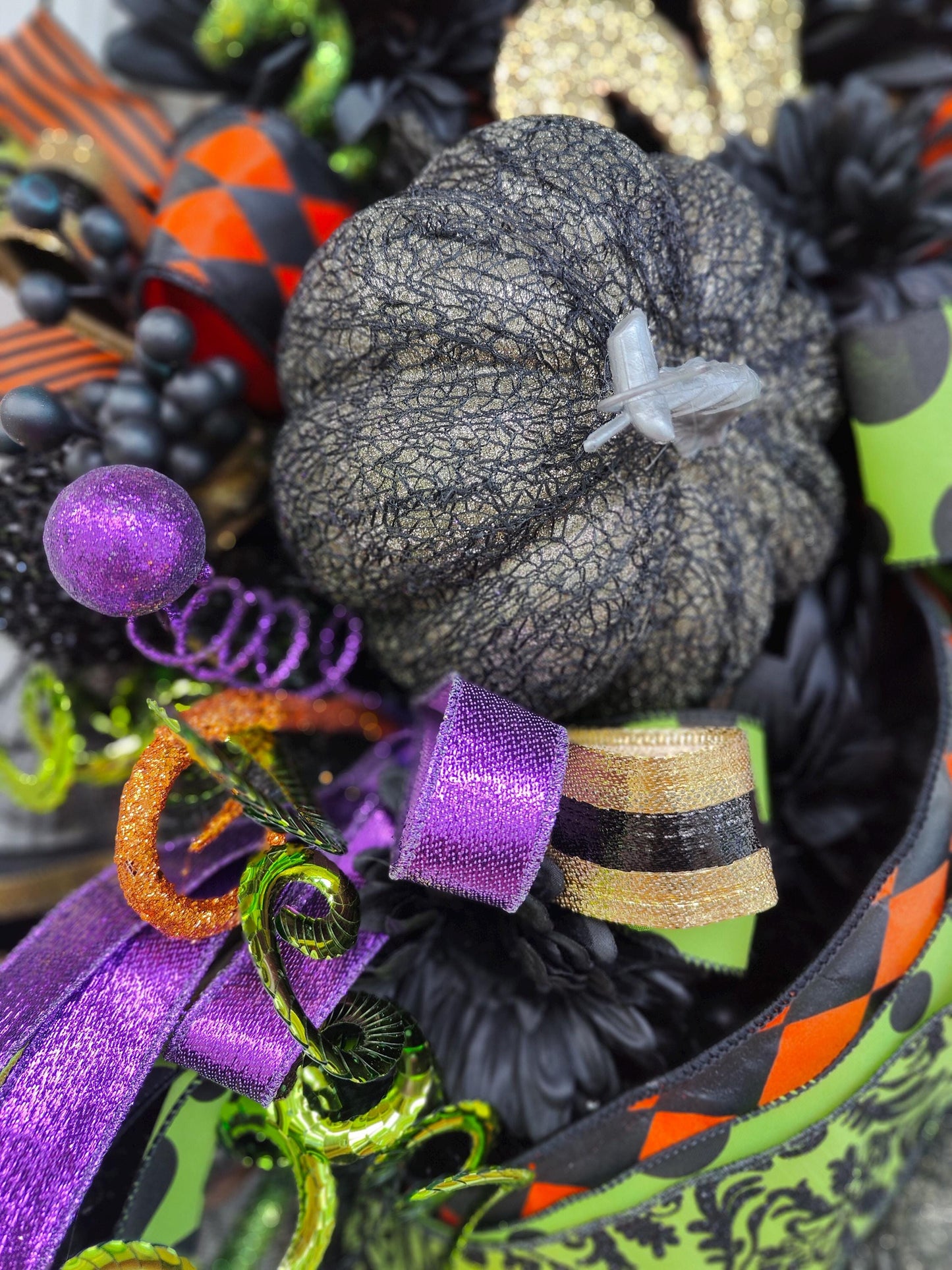 Halloween Wreath black large deluxe Baroque Glam Pumpkins, Black & Gold Door Decor