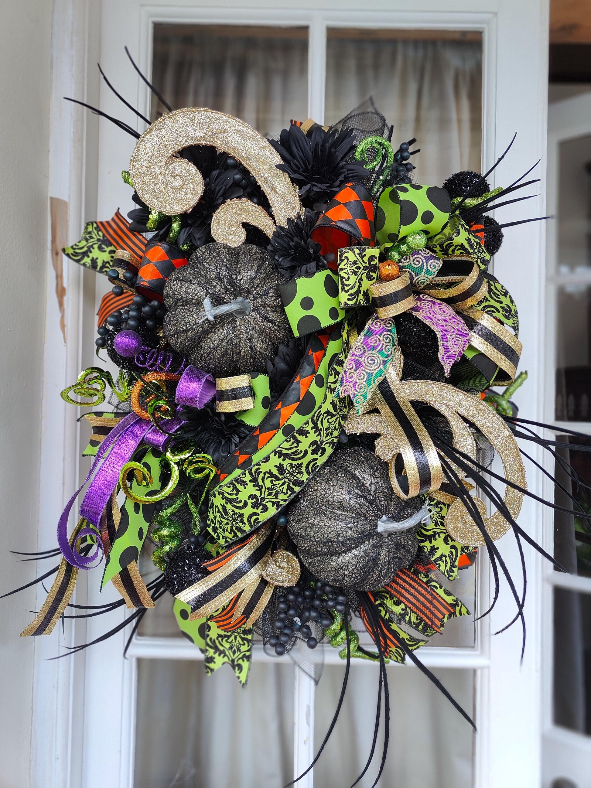 Halloween Wreath black large deluxe Baroque Glam Pumpkins, Black & Gold Door Decor