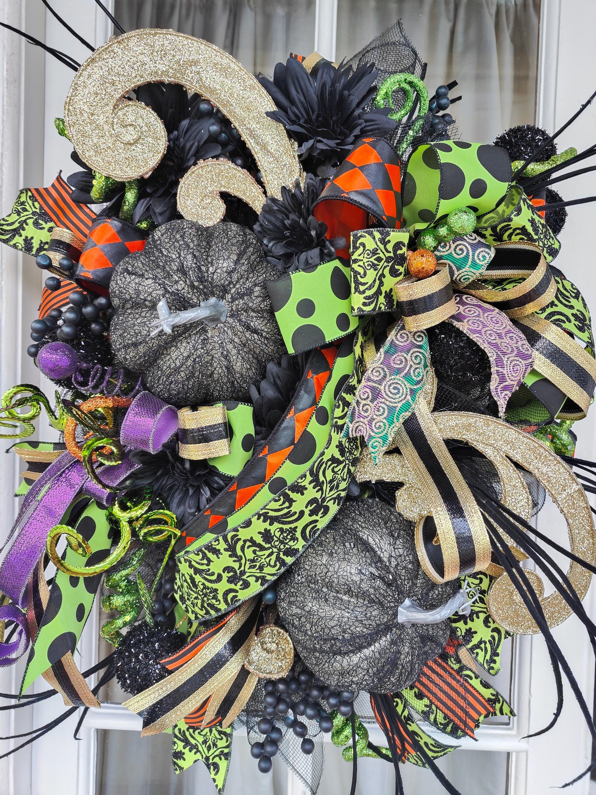 Halloween Wreath black large deluxe Baroque Glam Pumpkins, Black & Gold Door Decor