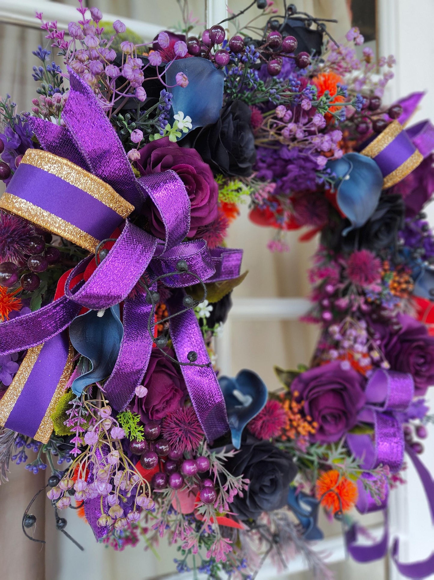 Wreath purple navy blue circular wicker large door wreath hanger