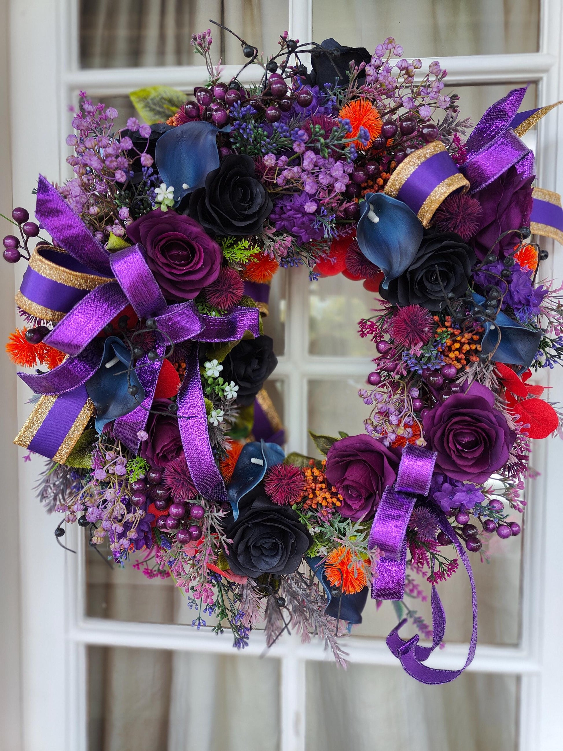 Wreath purple navy blue circular wicker large door wreath hanger