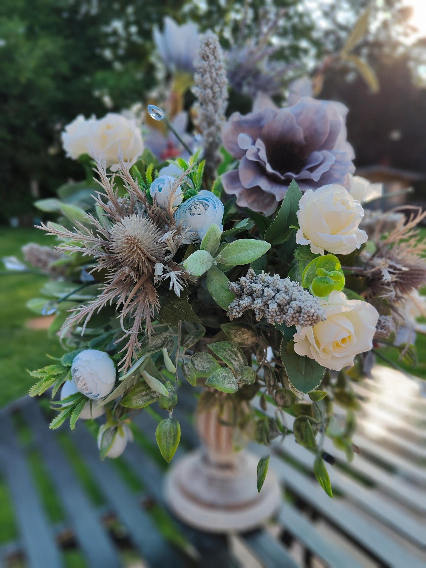 Flower arrangement Grey white pastel blue flower candlestick home decor centrepiece tablecentre