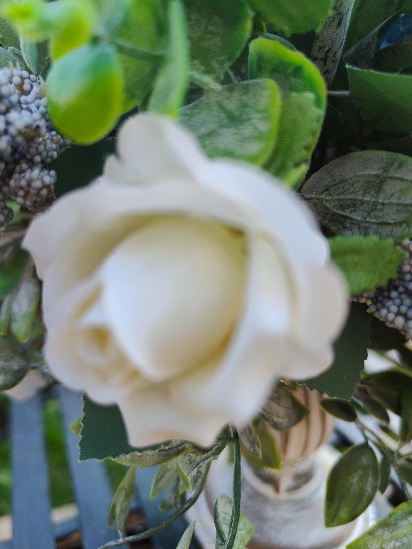 Flower arrangement Grey white pastel blue flower candlestick home decor centrepiece tablecentre