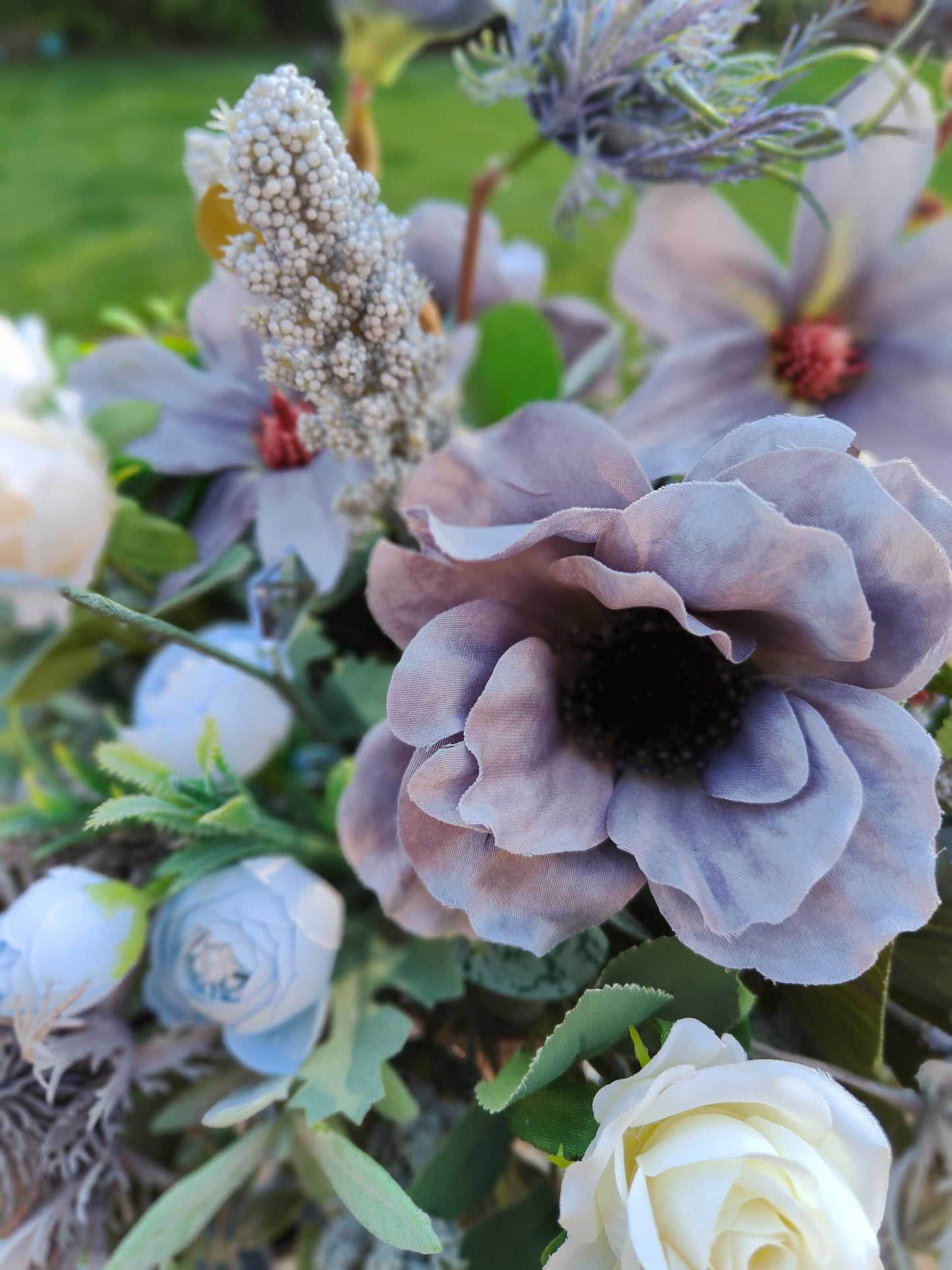 Flower arrangement Grey white pastel blue flower candlestick home decor centrepiece tablecentre