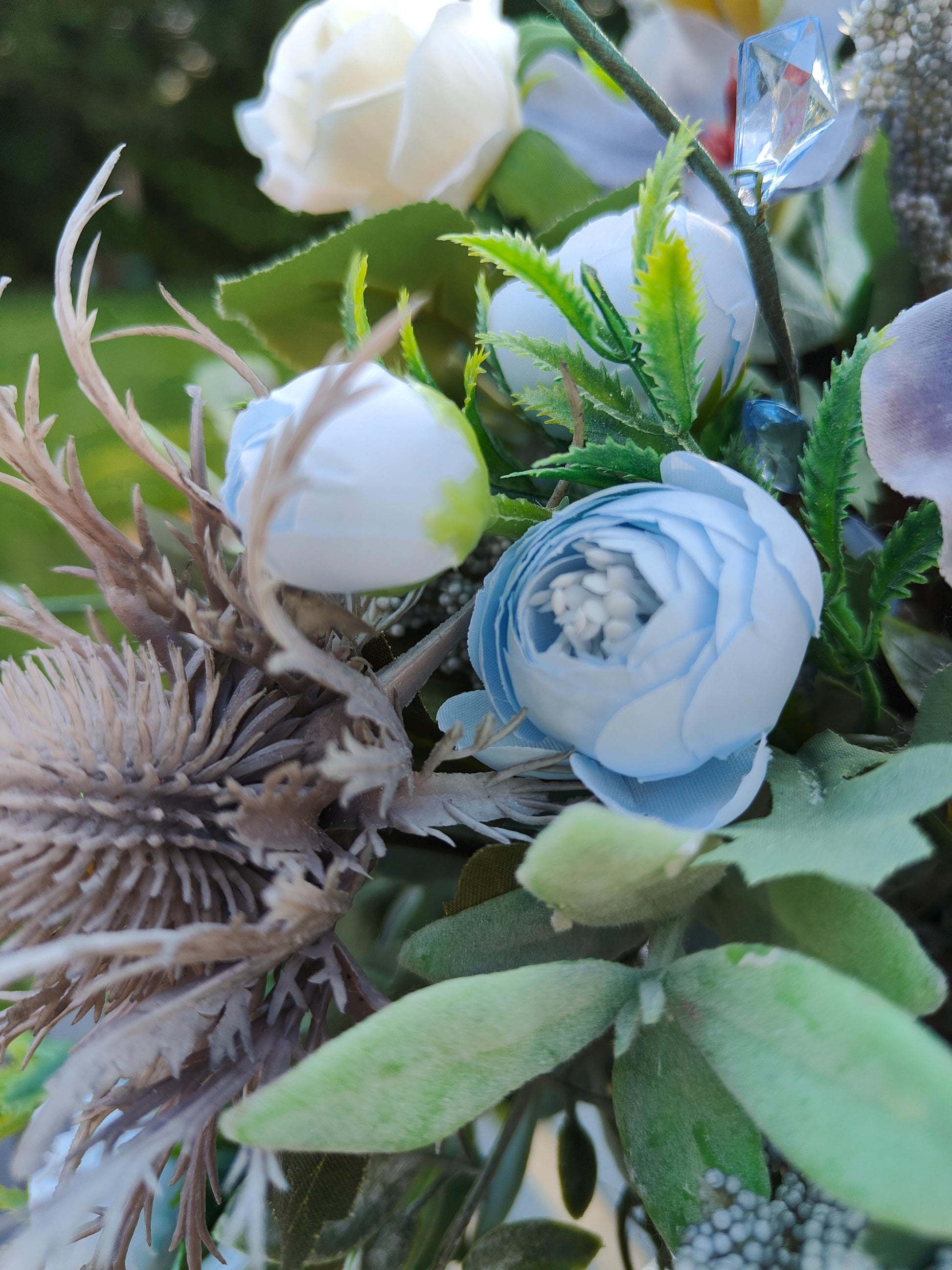 Flower arrangement Grey white pastel blue flower candlestick home decor centrepiece tablecentre