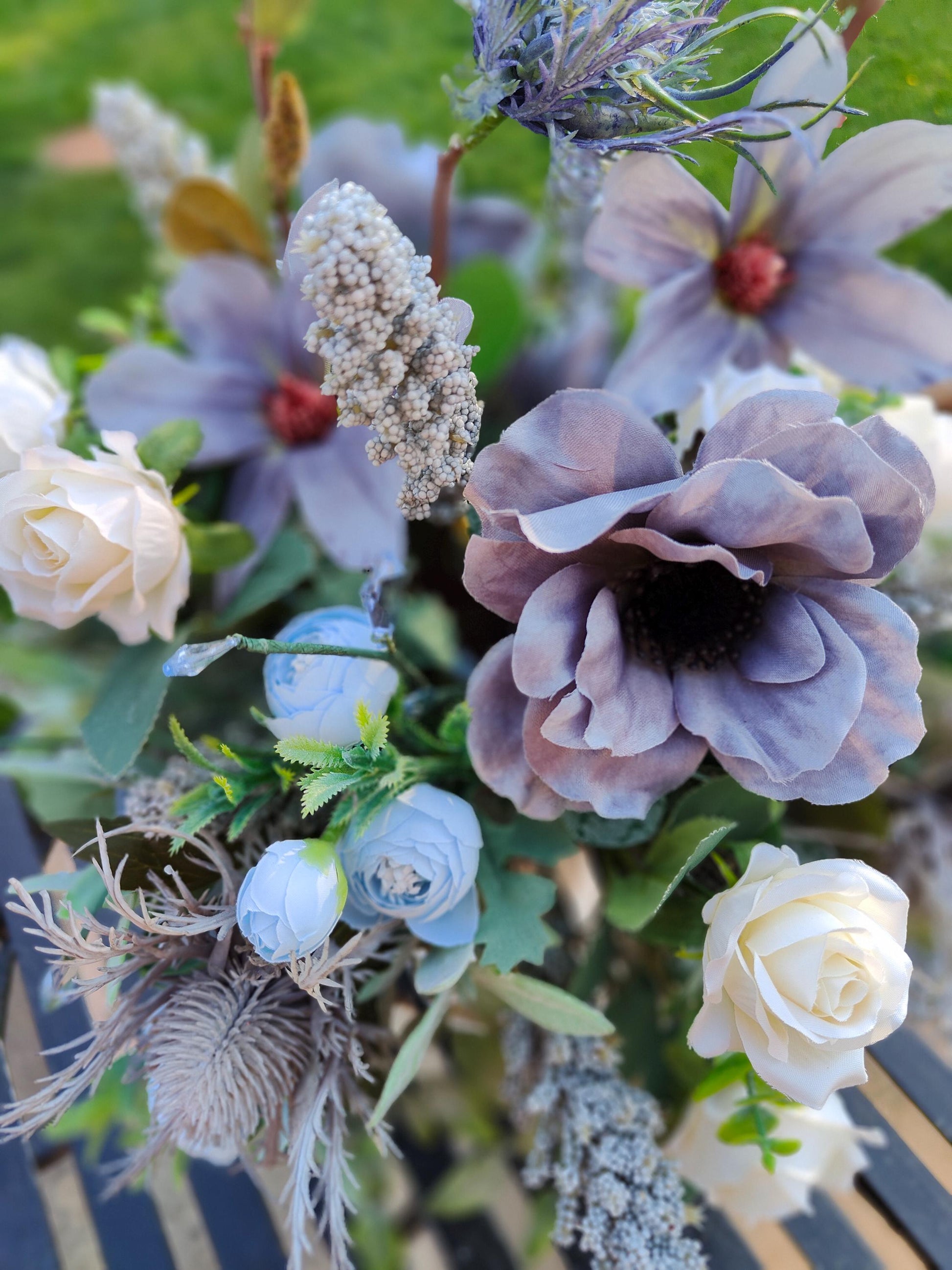 Flower arrangement Grey white pastel blue flower candlestick home decor centrepiece tablecentre