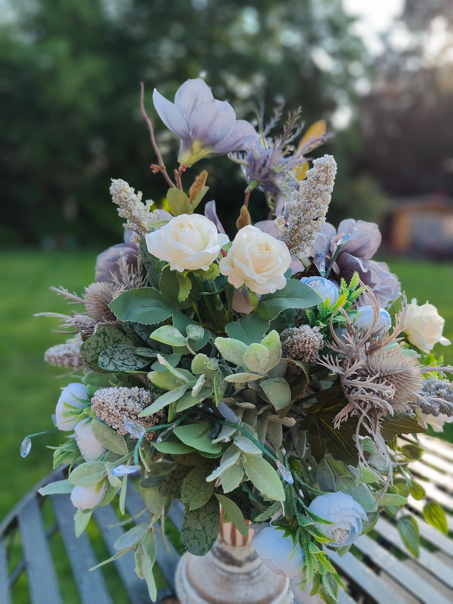 Flower arrangement Grey white pastel blue flower candlestick home decor centrepiece tablecentre